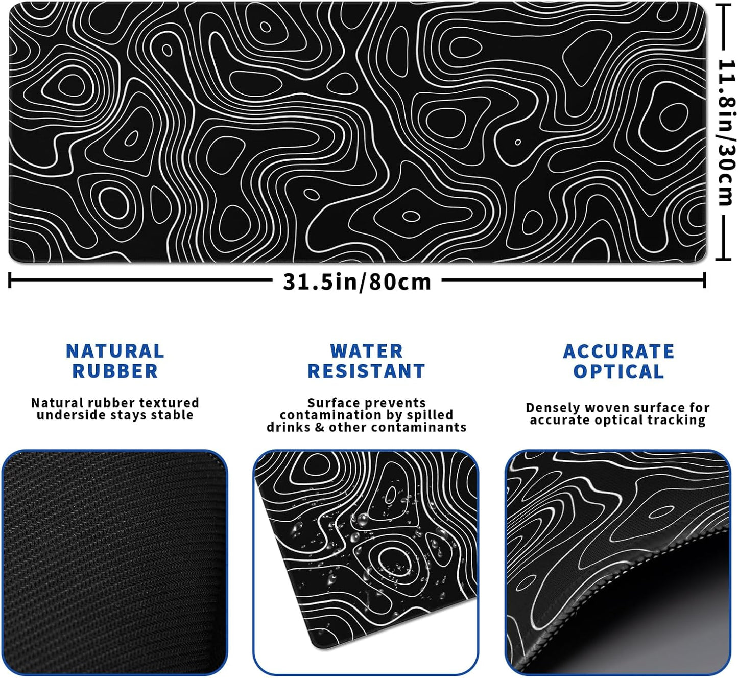 Topographic Contour Gaming Mouse Pad Black Large Mouse Pad for Keyboard and Mousepad Desk Mat with 3mm Non-Slip Base and Stitched Edge for Gaming and Office Computer Mat Protector Mat 31.5x11.8 Inch