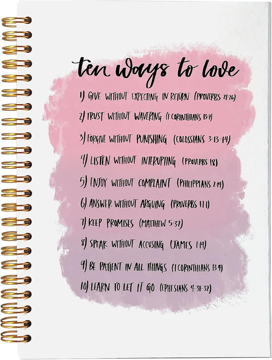 VNWEK Ten Ways to Love Inspirational Bible Verse Scripture Pink Spiral Notebook Journal 5.5 x 8.3 inches,Christian Lined Hardcover Spiral Notebook,Christian Gifts for Women Teen Girls
