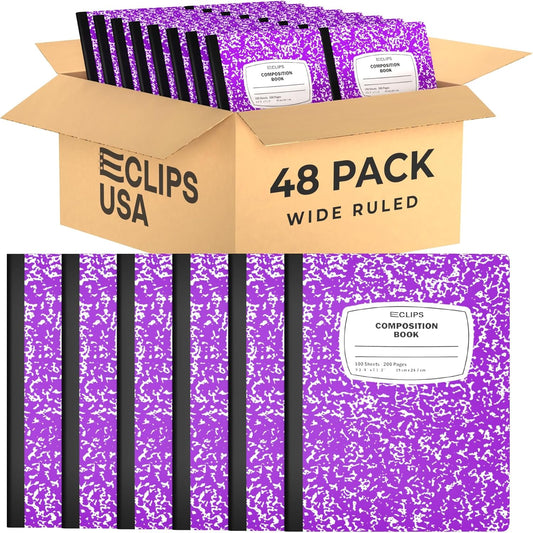 E-CLIPS USA Composition Notebooks, (48 Pack), Wide Ruled Composition Notebook, Marble Composition Notebook, 100 sheets, 200 Pages (48, Purple)