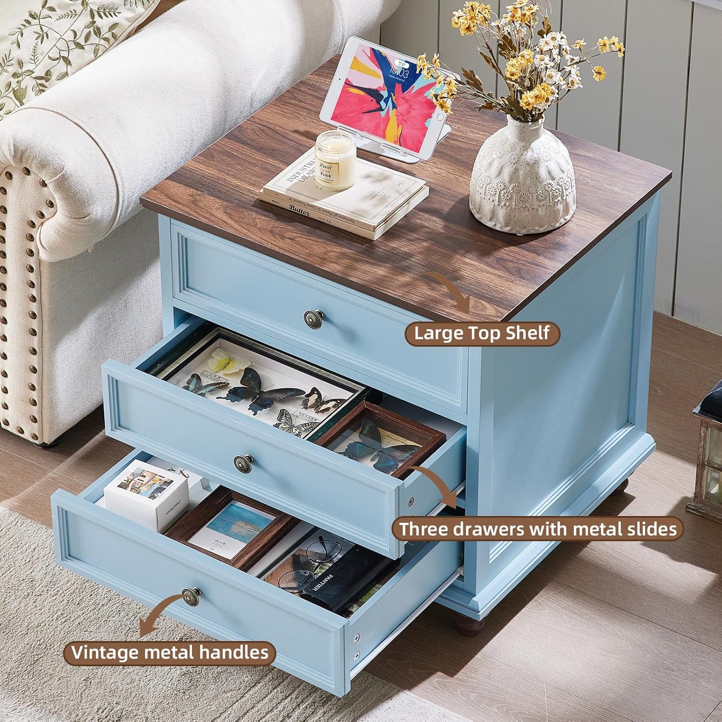 24" Wide Farmhouse Night Stand Set of 2,Large End Table with 3 Drawers & Metal Handle,Light Blue Wood Dresser for Bedroom Cabinet, Bed Side Table Chest of Drawers ,Nightstand for Living Room,Closet
