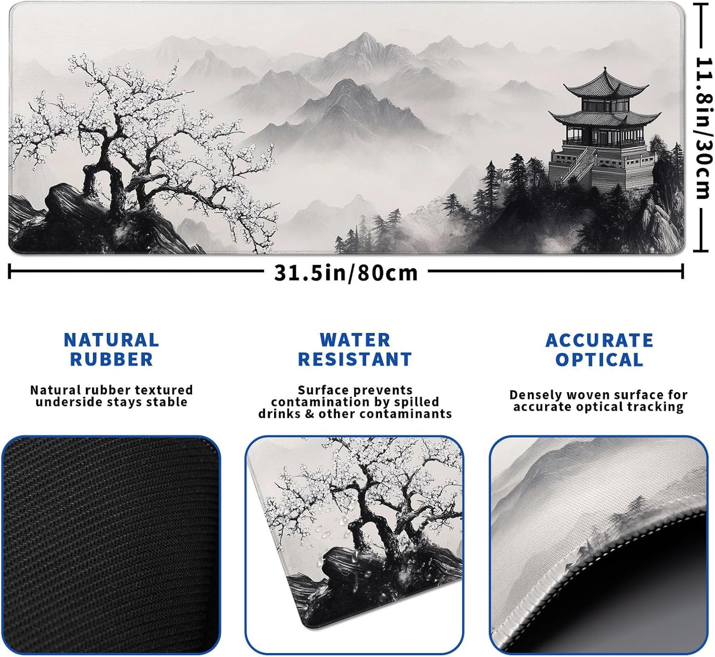 Pagoda Mouse Pad Abstract Cherry Blossom Watercolor Mouse Pad 31.5x11.8 Inch Texture Non-Slip Rubber Base Large Mousepad Stitched Edges Keyboard Mouse Mat Desk Pad for Office