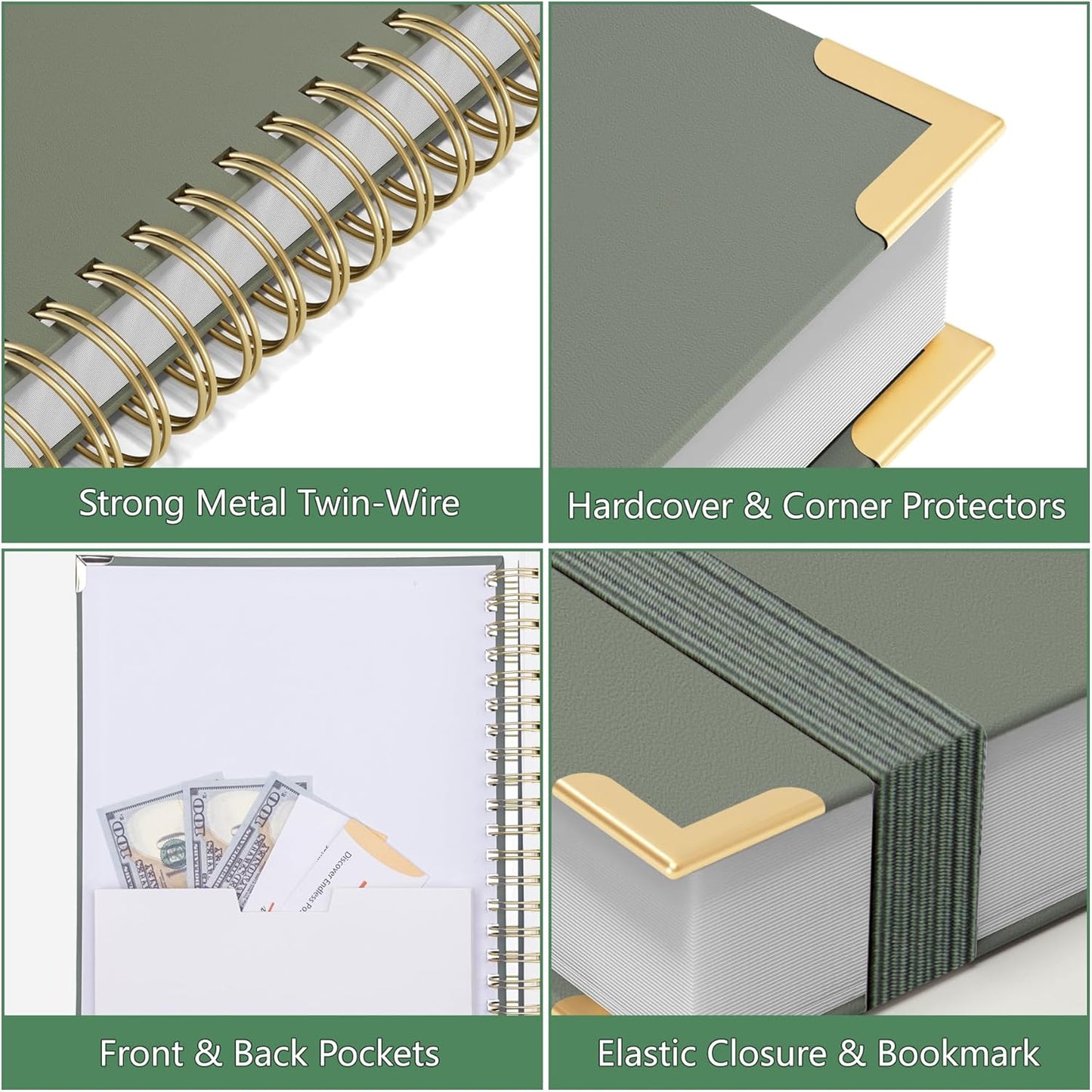 HAUTOCO Spiral Notebook Journal 8.5X 11", College Ruled Leather Notebook with 320 Pages, 100 GSM Paper, A4 Hardcover Notebook, Lined Journaling Notebooks for Work Office School Business, Olive Green