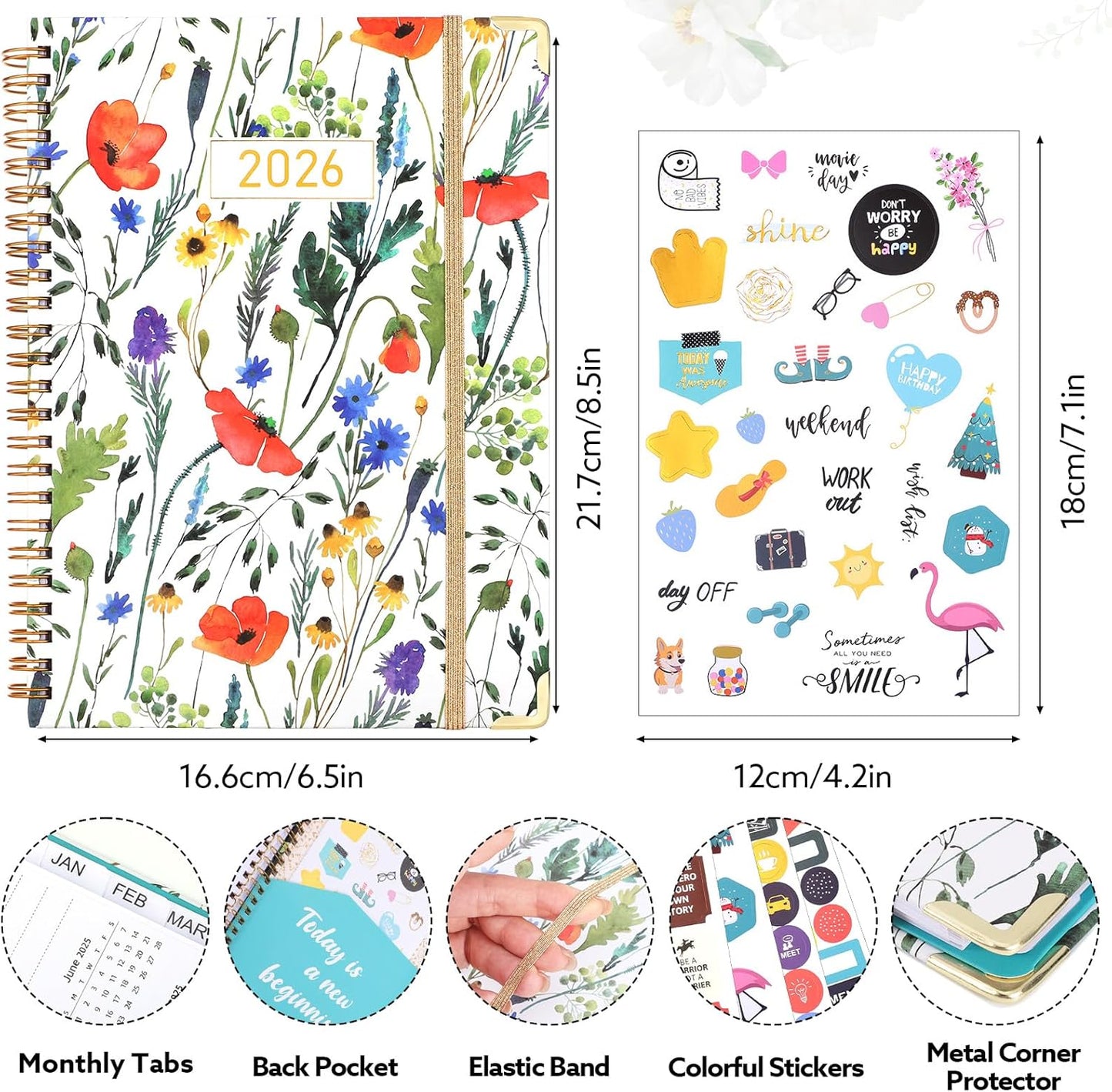 2026 Planner, Weekly and Monthly Planner, January 2026 - December 2026, Calendar Planner A5 (6.5" x 8.5") with Tabs, Inner Pocket for Home School Office Supplies, Red Flower