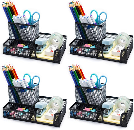 4 Pieces Mesh Pen Holder Desk Organizers and Accessories for Deskop Organizer,3 Compartments Black Pencil Holder for Office Supplies,Gifts for Colleague