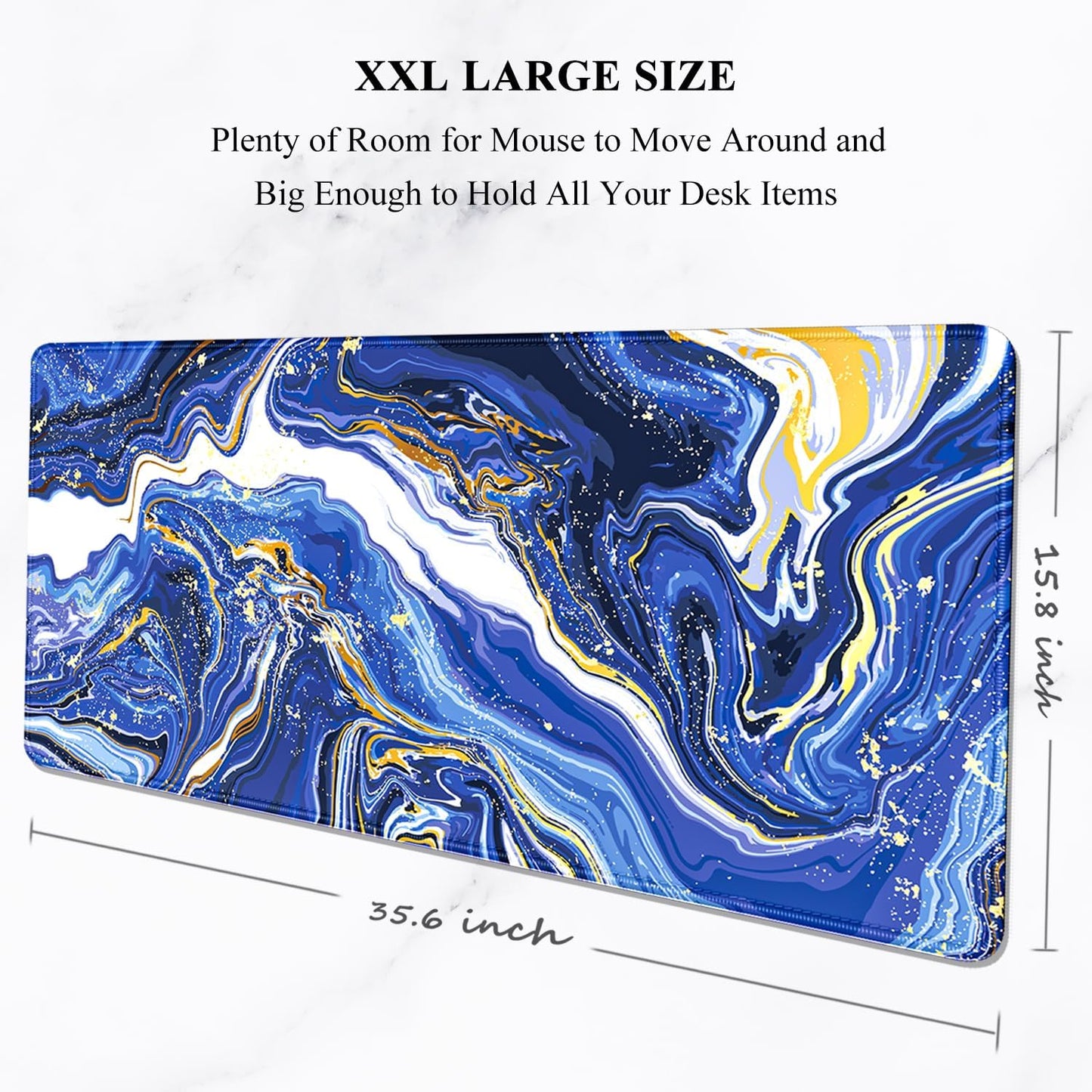 Auhoahsil Large Gaming Mouse Pad, Marble Theme XXL 35.4 x 15.7 in Desk Pad Stitched Non-Slip Rubber Long Computer Mousepad Thin Extended Full Size Desk Mat for Desktop Laptop Wireless Mice, Blue