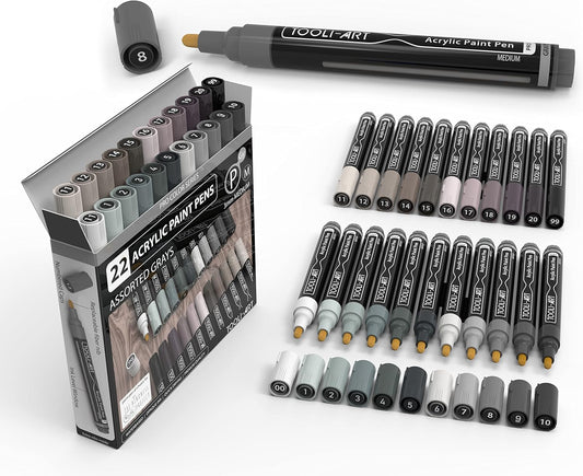 TOOLI-ART 22 Acrylic Paint Markers Paint Pens Pro Color Series Set 3mm Medium Tip for Rock Painting, Glass, Mugs, Wood, Metal, Glass Paint, Canvas, DIY. Non Toxic, Waterbased, Quick Drying (GRAYS)