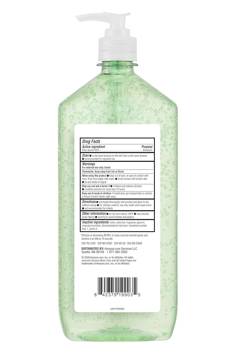 Amazon Basic Care - Aloe Vera Hand Sanitizer 62%, 34 fl oz (Pack of 4)
