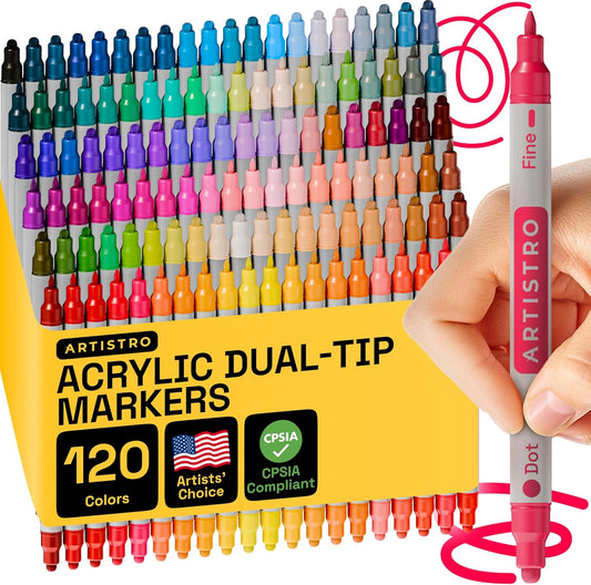 ARTISTRO 120 Acrylic Paint Pens, Acrylic Paint Markers, Fabric Markers for Textile, Canvas, Rock, Glass, Wood, Paper, Pumpkin, DIY (Dual Tip Dot + Fine, 120)