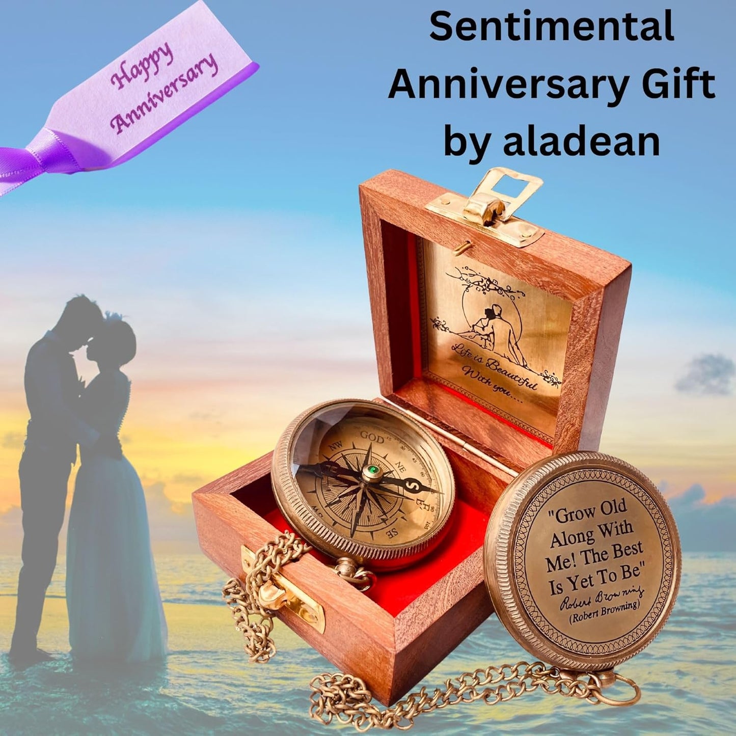 Gift for Husband Wife - Brass Compass 2" | Engraved Quote Birthday Wedding Anniversary Christmas Romantic Love Gifts idea for Boyfriend Girlfriend Men Women Him Her (Grow Old Along with Me)