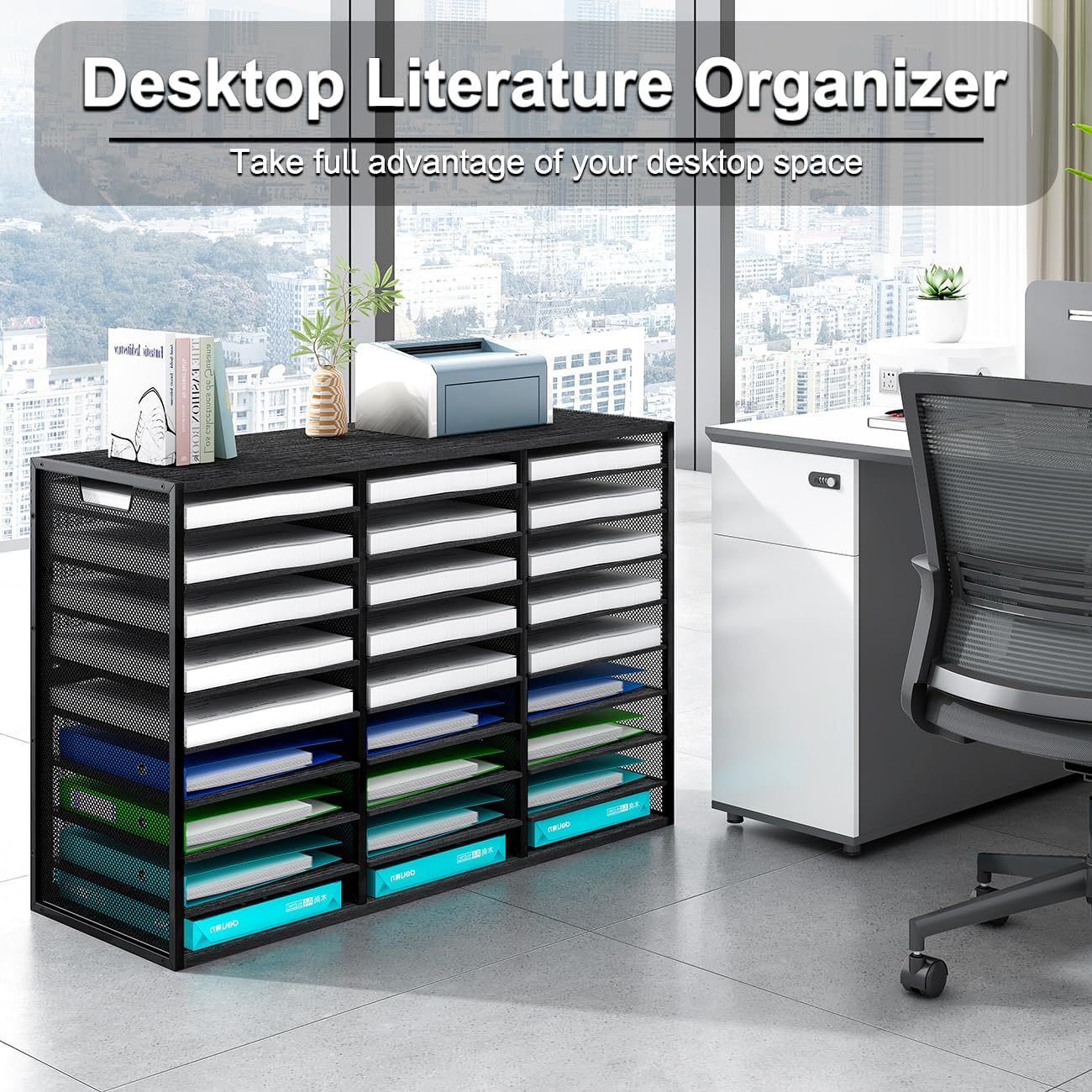 Mail Sorter Adjustable Countertop Heavy Duty Literature Organizer Student Mailbox for Classroom Desktop Bill Paper Holder Rack for Office Home School, 27 Compartments, Black