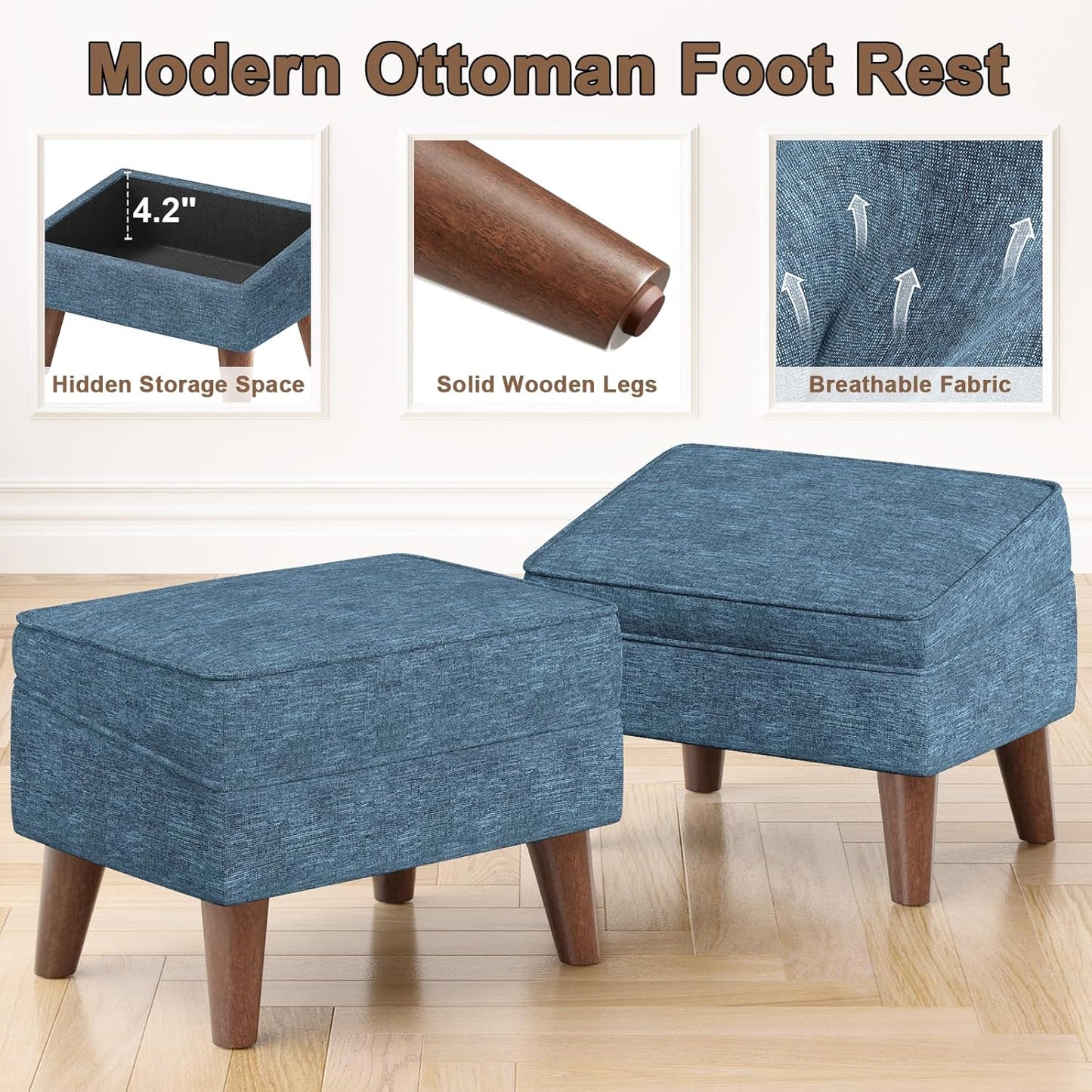 Small Footstool Ottoman with Storage, Ottoman Foot Rest, Modern Foot Stool with Adjustable Lid and Sturdy Wood Legs for Living Room, Bedroom, Couch, Enterway, Blue