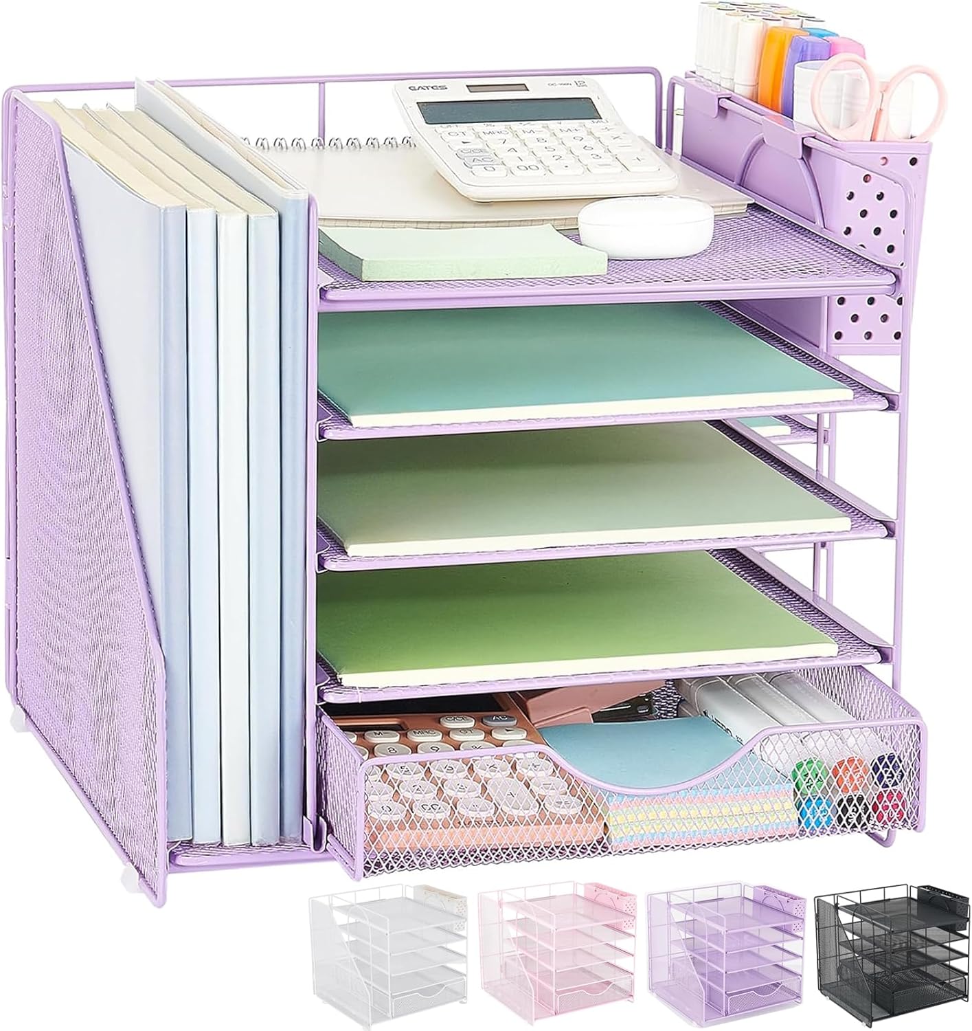 Desk Organizer with Drawer and Pen Holder, 5-Tier Paper Letter Tray Organizer with File Holder, Suitable for Workspace Organizer Office Supplies Storage (Purple)