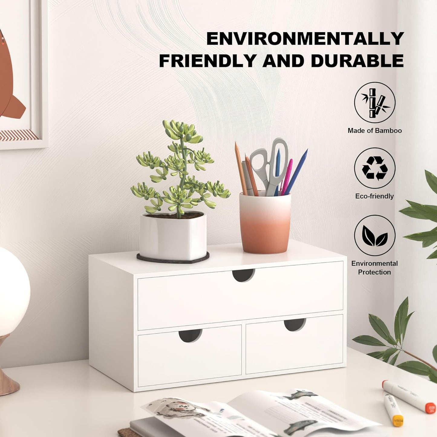 Bamboo Desk Organizer with Drawers Desktop Storage Drawers for Bills Office Supplies Kitchen Utensils Organizing Tool for Home Classroom Organization No Assembly (White)