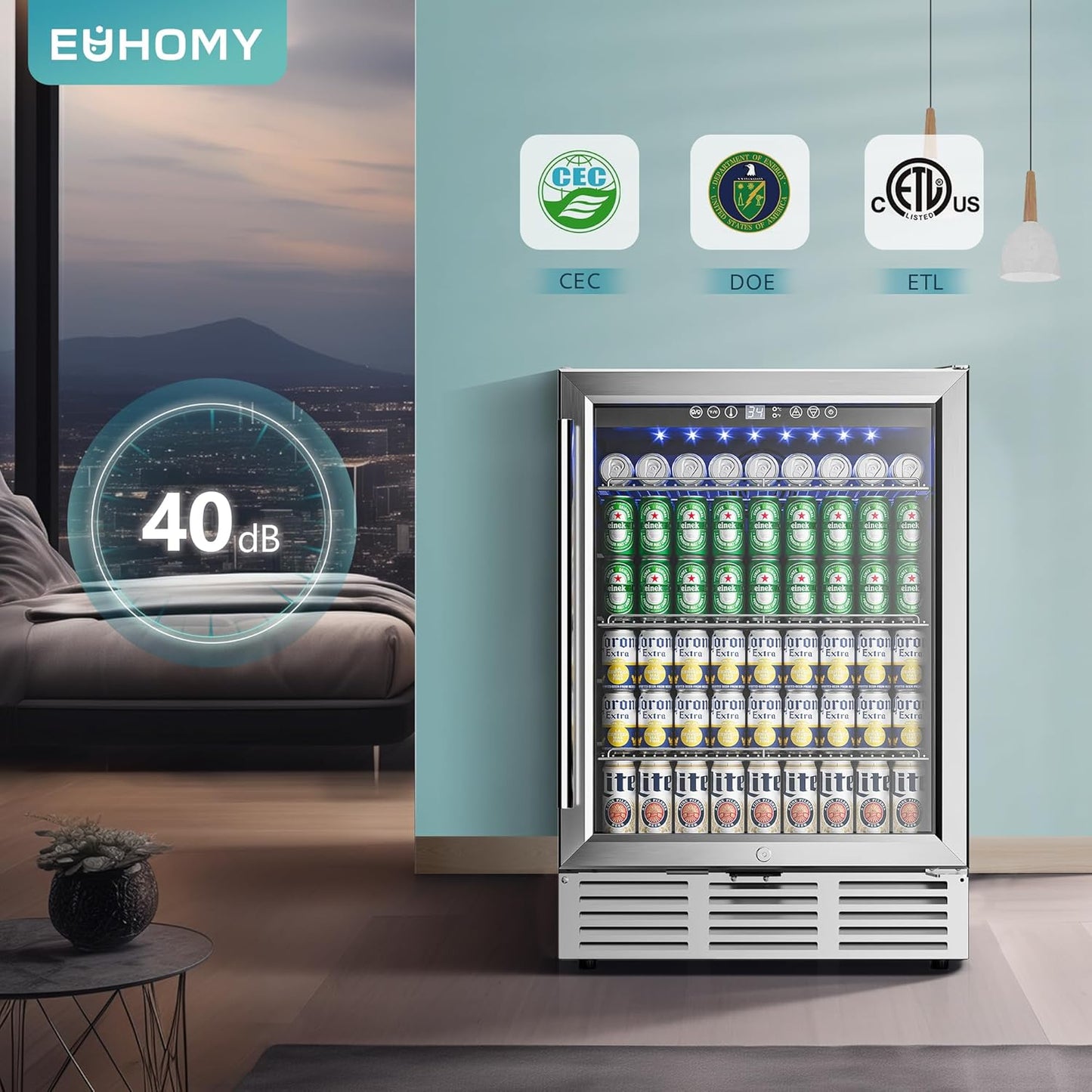 EUHOMY 24 Inch Beverage Refrigerator, 180 Can Built-in Beverage Cooler, Under Counter Beer Fridge with Glass Door for Soda, Water, Wine - For Kitchen, Bar or Office