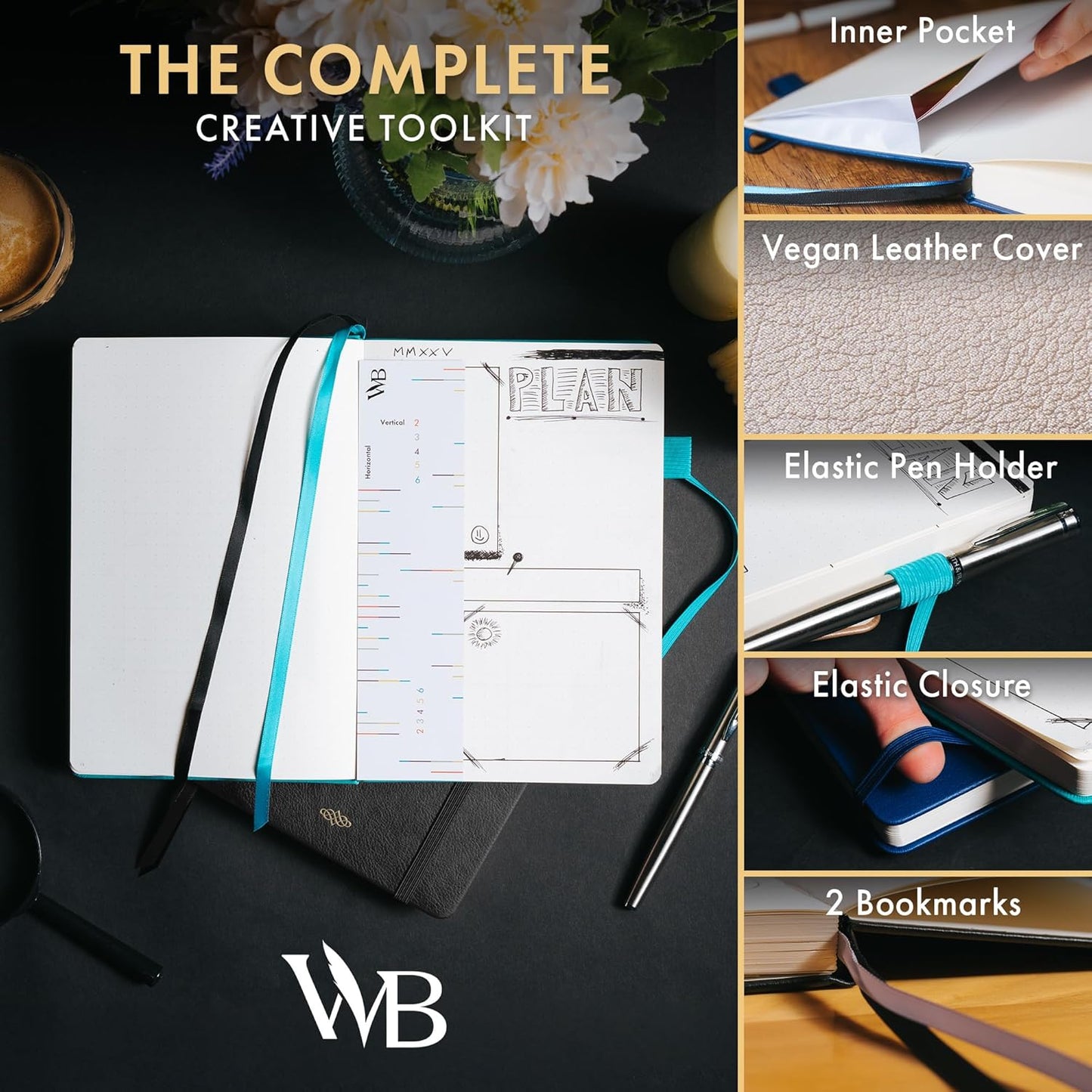 Wordsworth & Black A5 Bullet Dotted Journal 216 Dotted Pages, Hardcover Grid Dot Leather, 120 GSM Paper, Journaling Notebook for Work & Sketching, Journals for Women, Men - Gifts Box Included Black