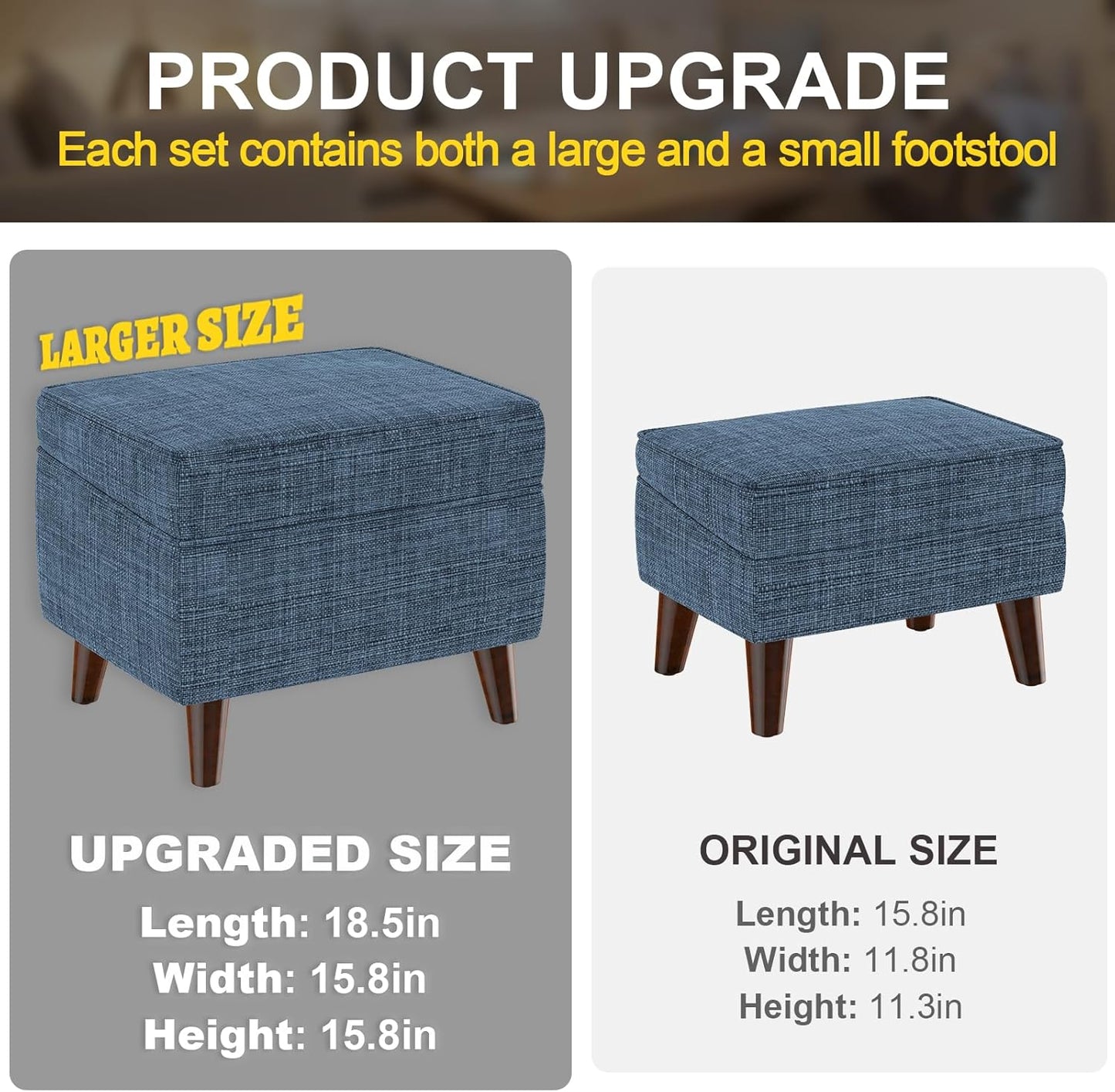 Storage Ottomans with Adjustable Cover, BOGO, Soft Step Stool, Footrest and Seat, Ottoman Foot Rest Set for Living Room, Bedroom, Dorm, Blue