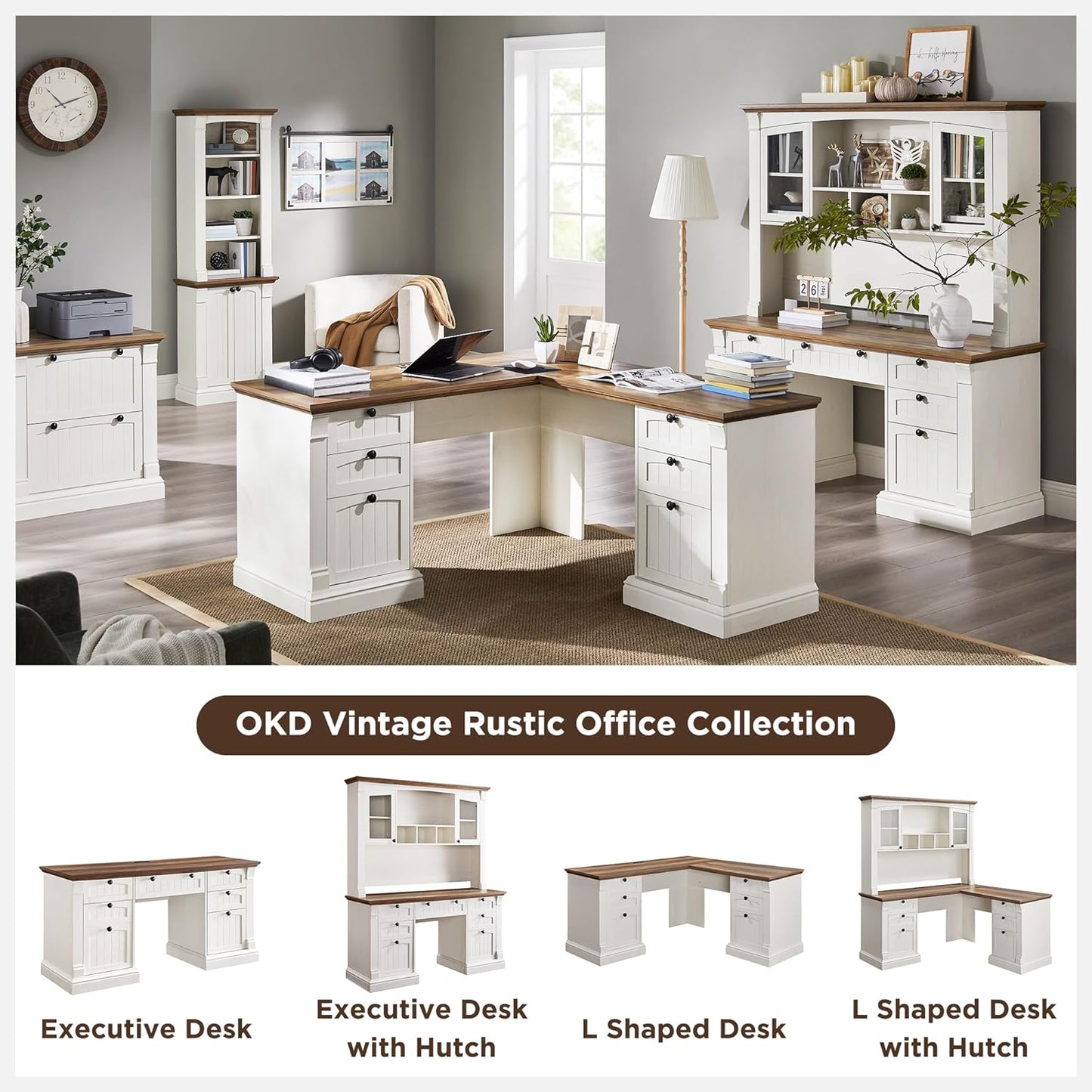 OKD 60" Executive Desk with Hutch and Drawers, Farmhouse Home Office Desk with Charging Station, Keyboard Tray, File Cabinet Storage, Wood Computer Desk for Work and Study, Antique White
