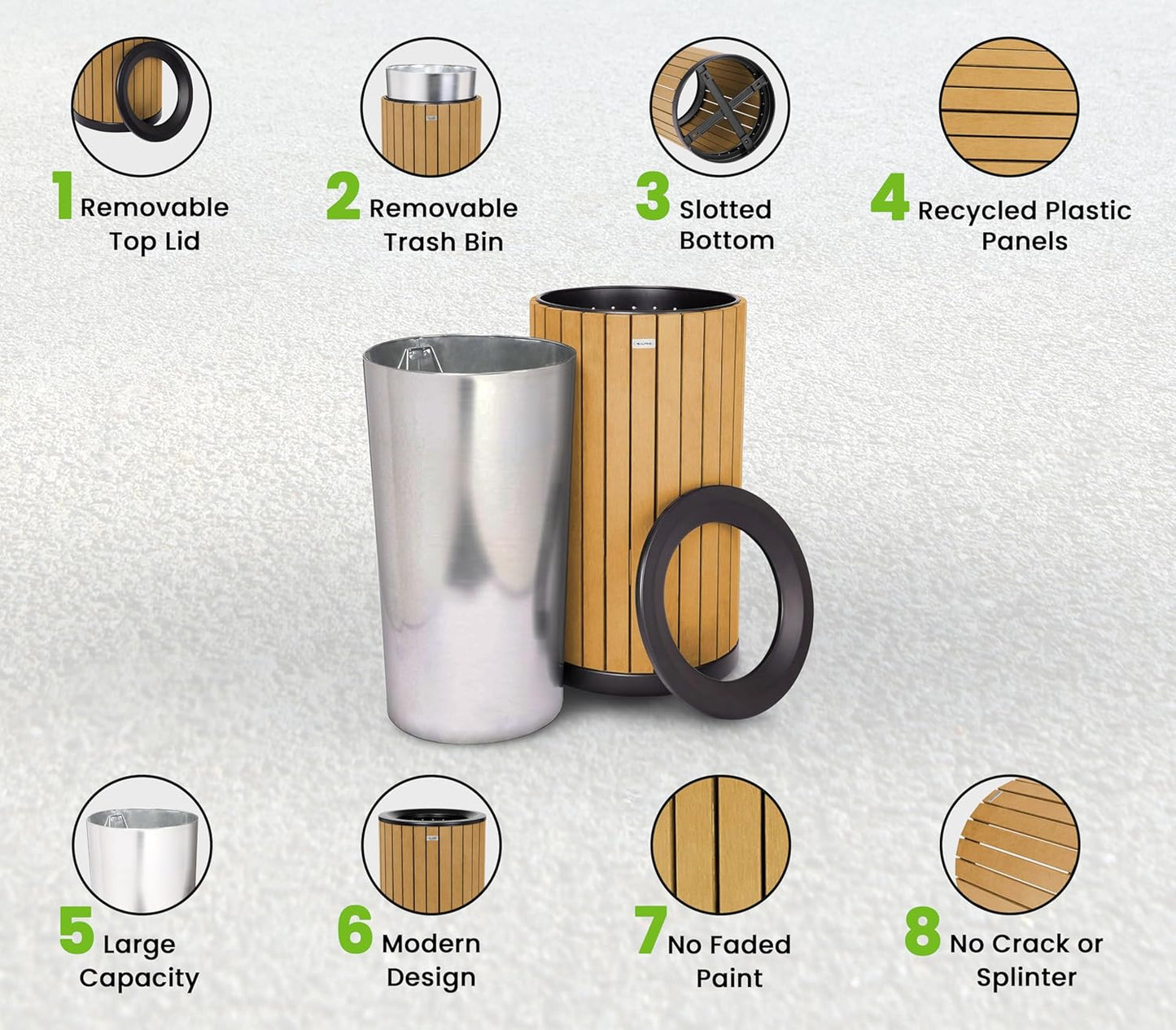 Alpine 32 Gallon Commercial Outdoor Trash Can - Heavy Duty Garbage Can Outdoor, Industrial Open Top Trash Can with Plastic Panels for Patio, Parks, Trails, Resorts (Flat Lid - Cedar)