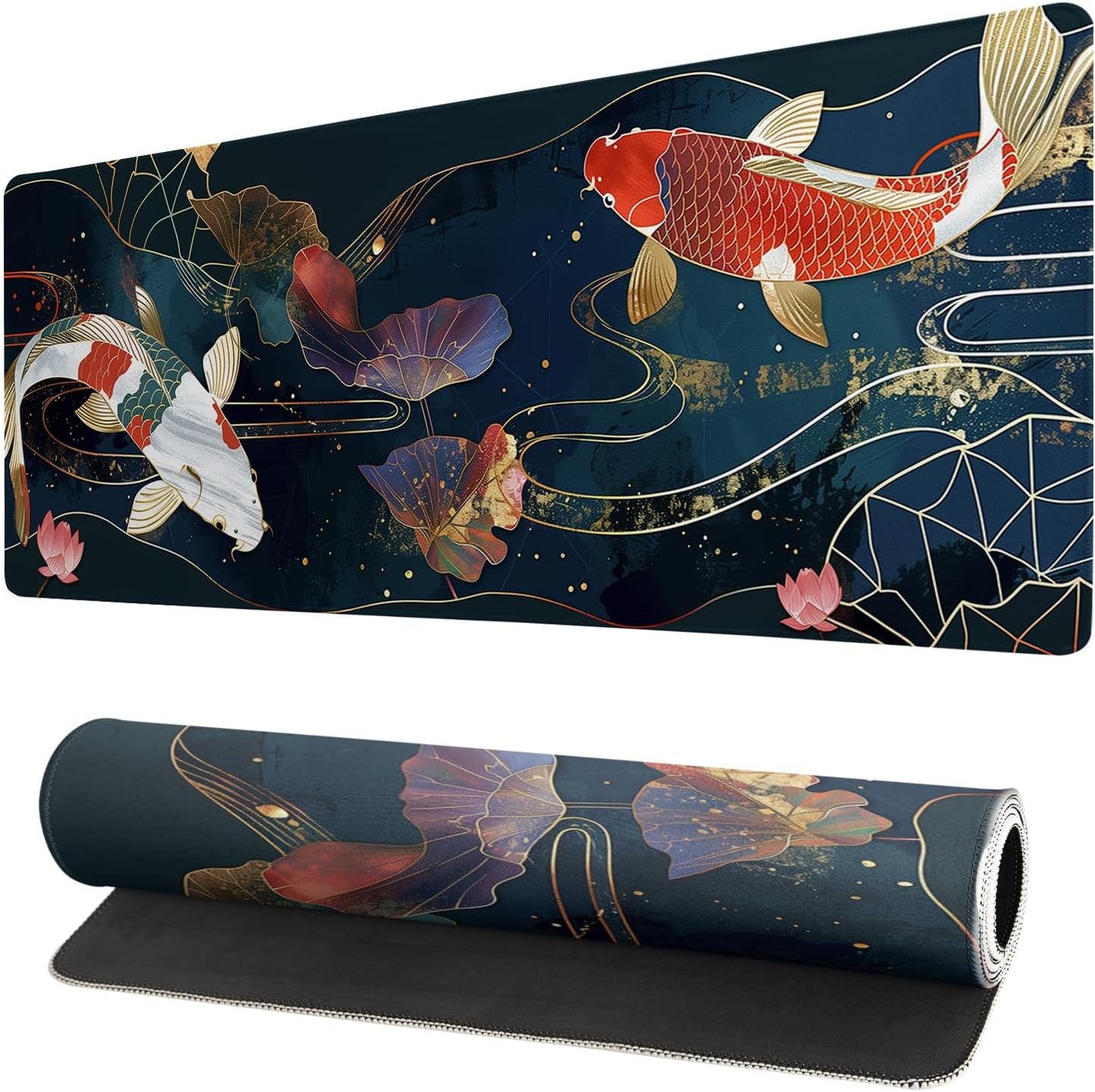 Gaming Mouse Pad Desk Pad,Extended Big Mouse Pad,31.5x11.8 Inch Long Computer Keyboard Mouse Mat Mousepad with 3mm Non-Slip Base and Stitched Edge for Gaming and Office… (koi)