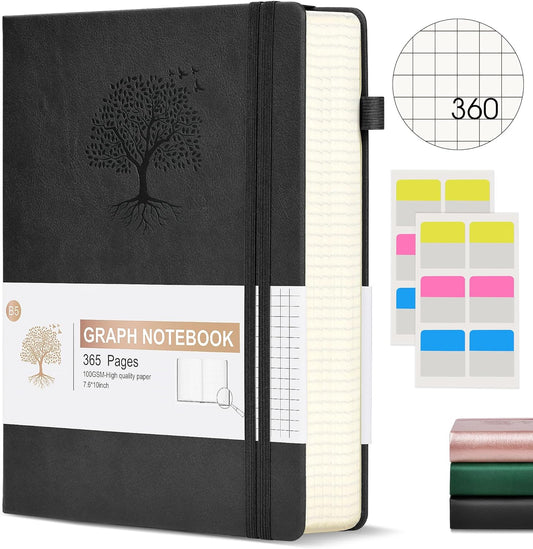 Graph Paper Notebook Journal, 360 Numbered Pages Grid Notebooks, Thick 100gsm Graphing Paper Notebook Journals for Women Men, B5 Large Hardcover Leather Graph Notebook 7.6'' X 10'' Black