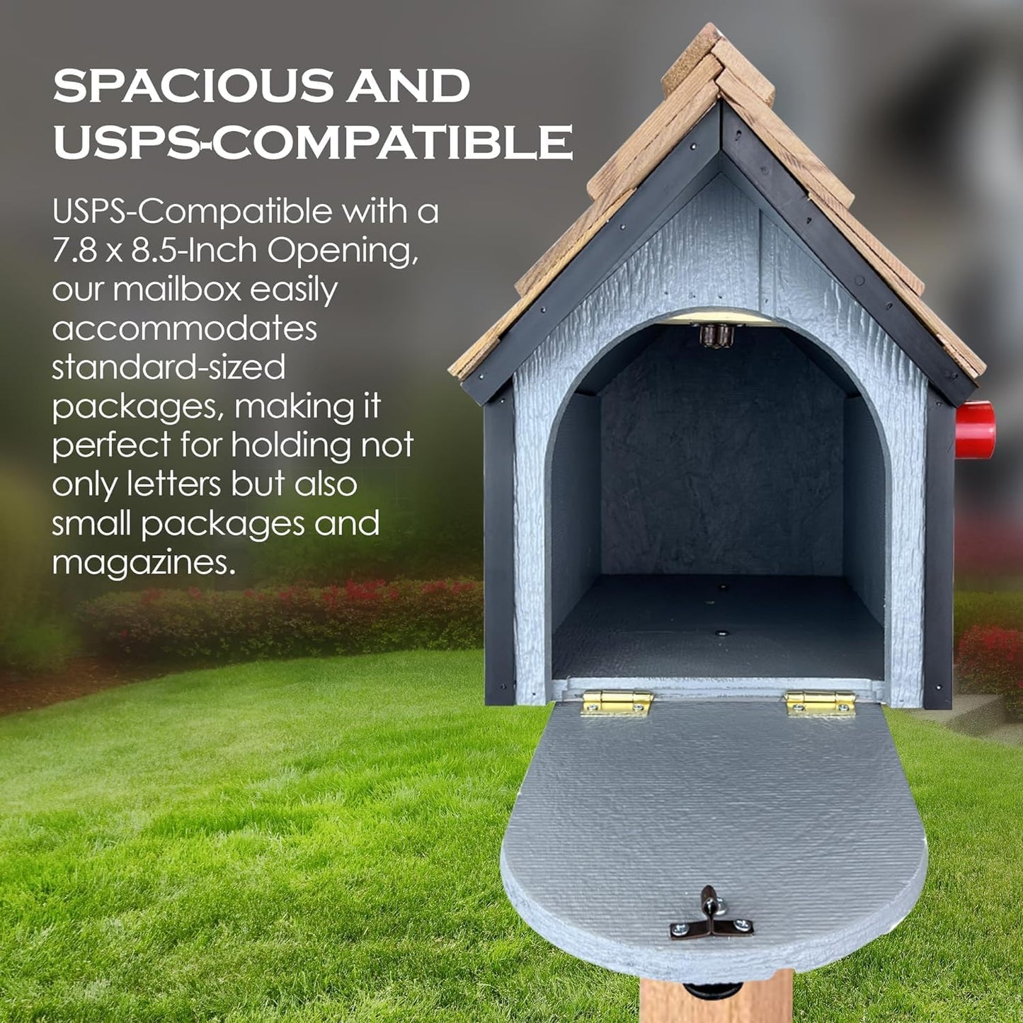 Peaceful Classics Amish Cedar Roof Wooden Mailbox with Window & Door Trim, Handcrafted Mailboxes for Outside, Post Mount Residential Mailboxes - (White with Burgundy Trim)