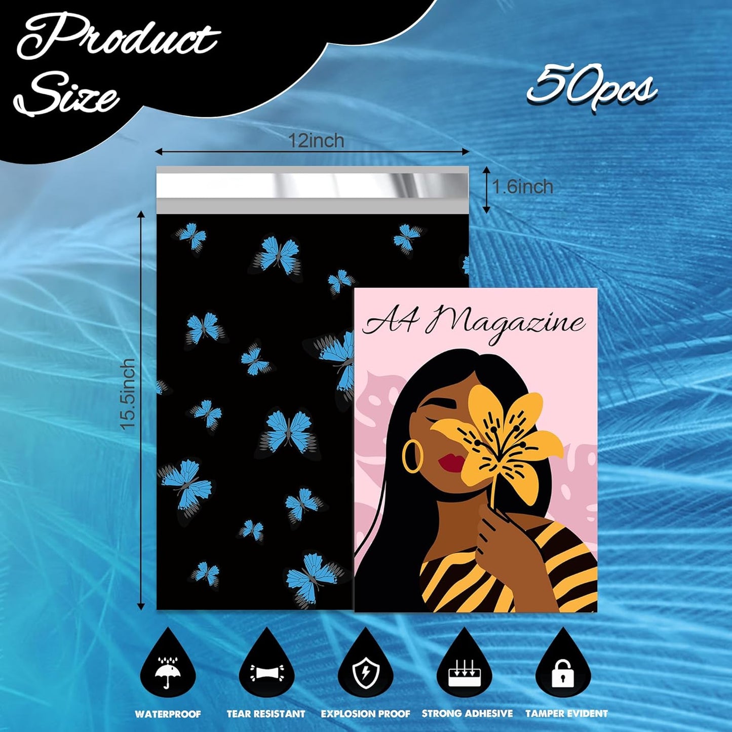 butterfly Poly Mailer 12x15.5 Inch 50 Pcs, Waterproof Shipping Bags for Clothing, Tear-Resistant Mailier Bags, Strong Mailing Bags with Self-Seal