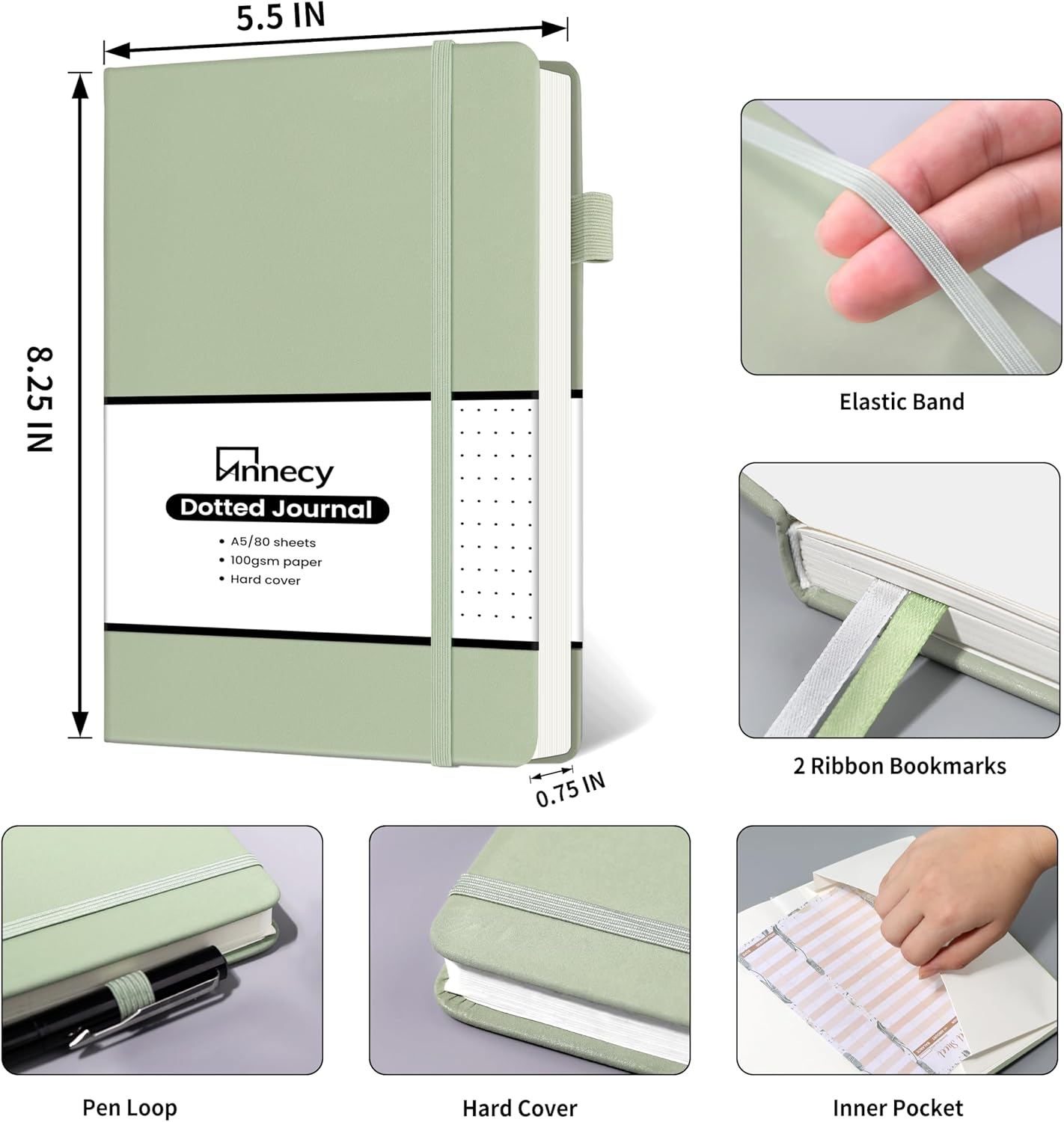 Annecy Numbered Bullet Dotted Journal Notebook, Medium 5.5x 8.25, 160 Pages 100GSM Writing Paper, A5 Grey Green Faux Leather Cover with Pen Loop