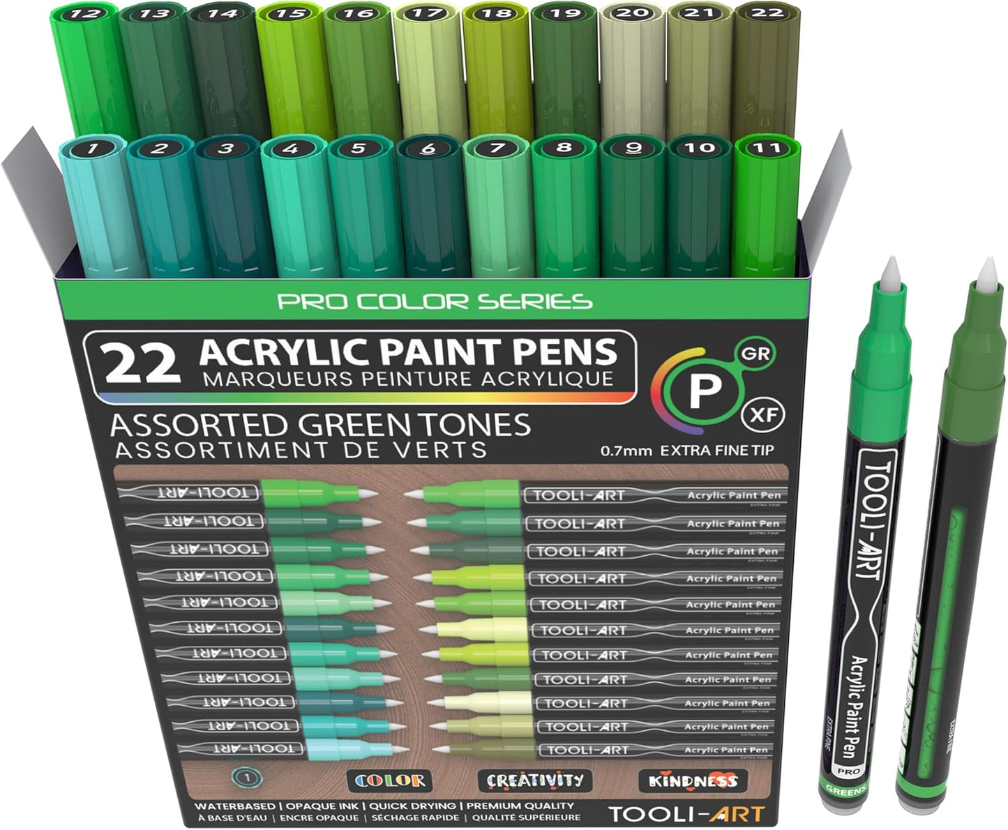 Acrylic Paint Pens 22 Green Tones Assorted Pro Color Series Markers Set 0.7mm Extra Fine Tip for Rock Painting, Glass, Mugs, Wood, Metal, Canvas, Projects, Non Toxic, Waterbased, Quick Drying