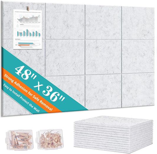 Large Cork Board for Walls 48" x 36" - 12 Pack Felt Wall Tiles with Safe Removable Adhesive Tabs - Bulletin Board for Office Classroom Home Decor - Marble White