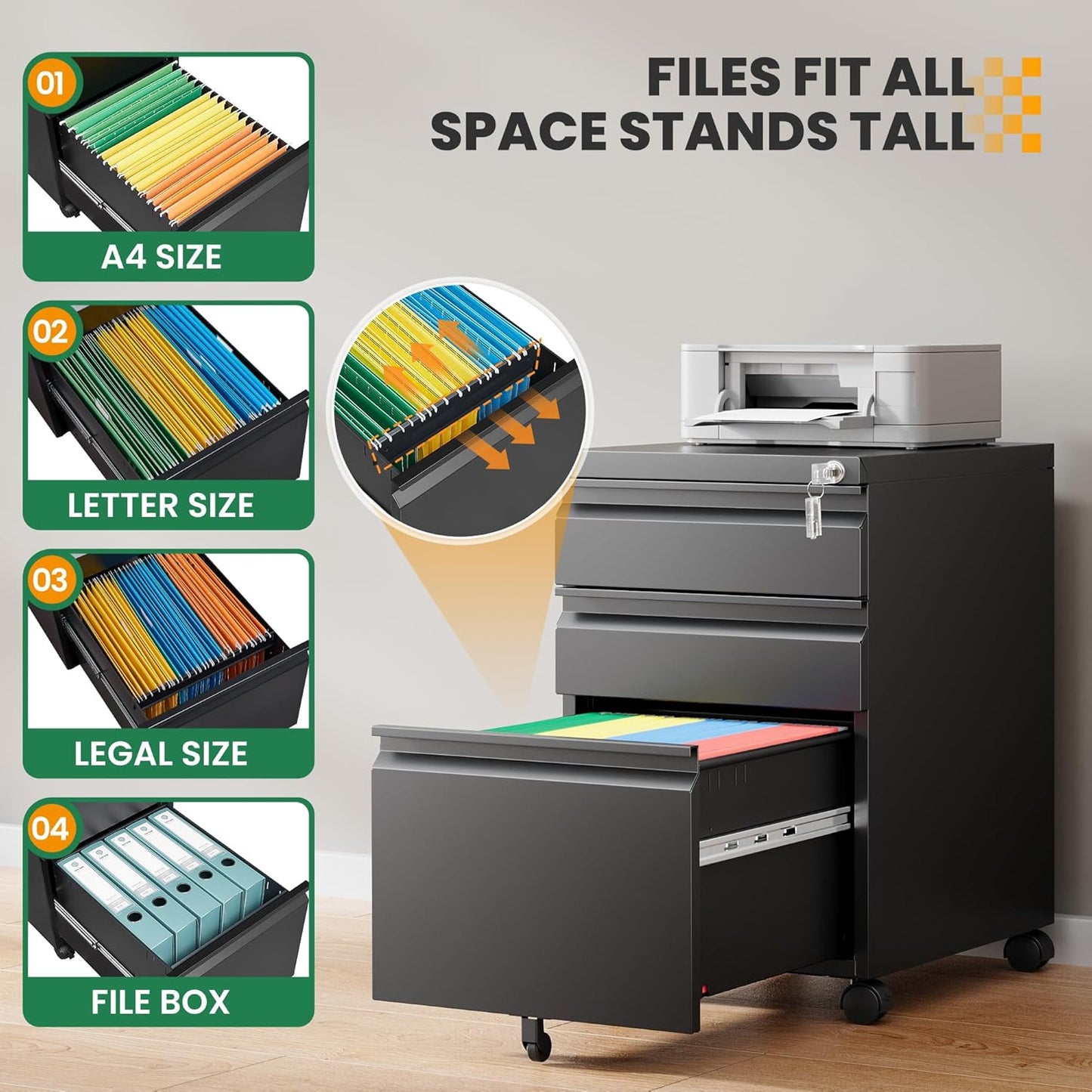 3 Drawer Mobile File Cabinet with Lock,Under Desk Storage Filing Cabinet for Home Office Fits A4 or Letter Size(Unassembled,Black)