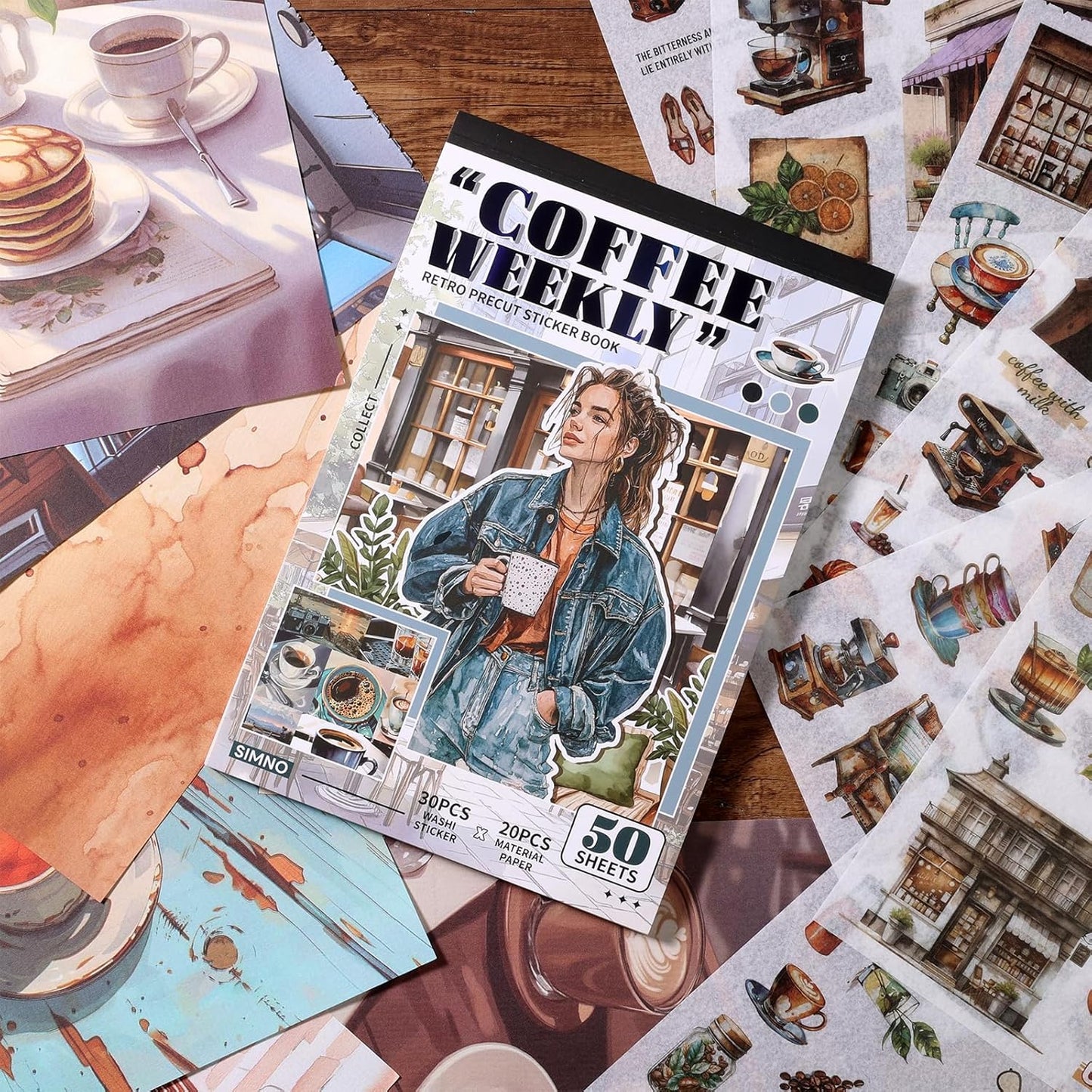 Scrapbooking Stickers - 500 Pre-Cut Washi Stickers & 20 Scrapbook Papers Coffee and People Sticker Books for journaling Scrapbooking Supplies