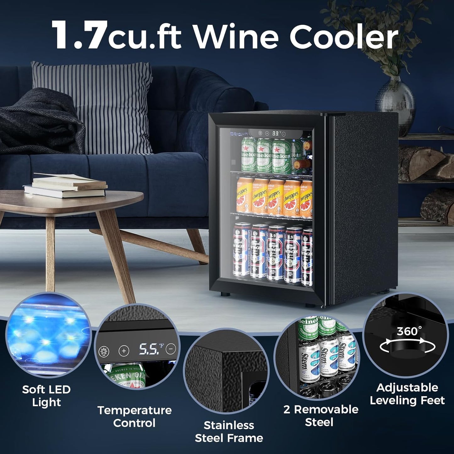 68 Cans Beverage Refrigerator Cooler, 1.7 cu.ft Mini Fridge Glass Door Drink Cooler for Beer, Soda,Wine, Digital Temperature Control for Home Office Bar