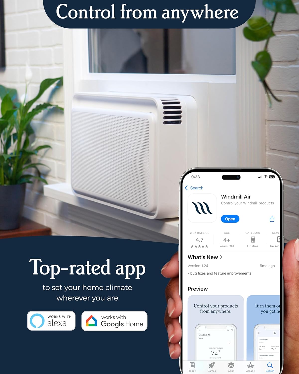 Windmill 12,000 BTU Inverter Window Air Conditioner with WhisperTech - Ultra-Quiet & Smart, Cools up to 550 Sq. Ft. - Easy Install, App/Wi-Fi, Voice-Enabled, Remote Control, High Energy Efficiency