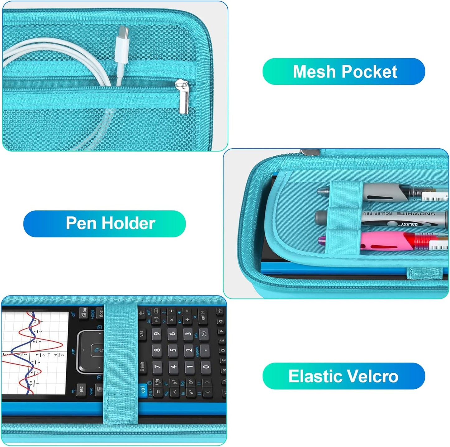 BOVKE Graphing Calculator Carrying Case for Texas Instruments TI-Nspire CX II CAS/CX II/CX/CX CAS Calculator and More - Mesh Pocket for USB Cables and Other School Supplies, Turquoise