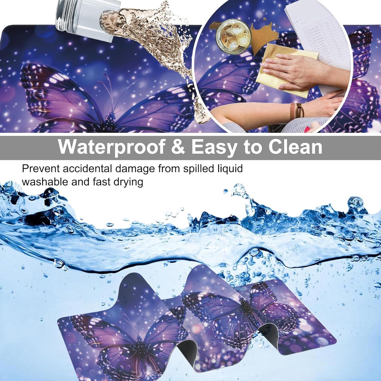 Extended Large Gaming Mouse Pad, Sparkling Purple Butterflies Large Desk Mat for Desktop, Non-Slip Rubber Base Stitched Edges Long Computer Keyboard Desk Pad Mouse Mat for Home Office 35.4"X15.7"