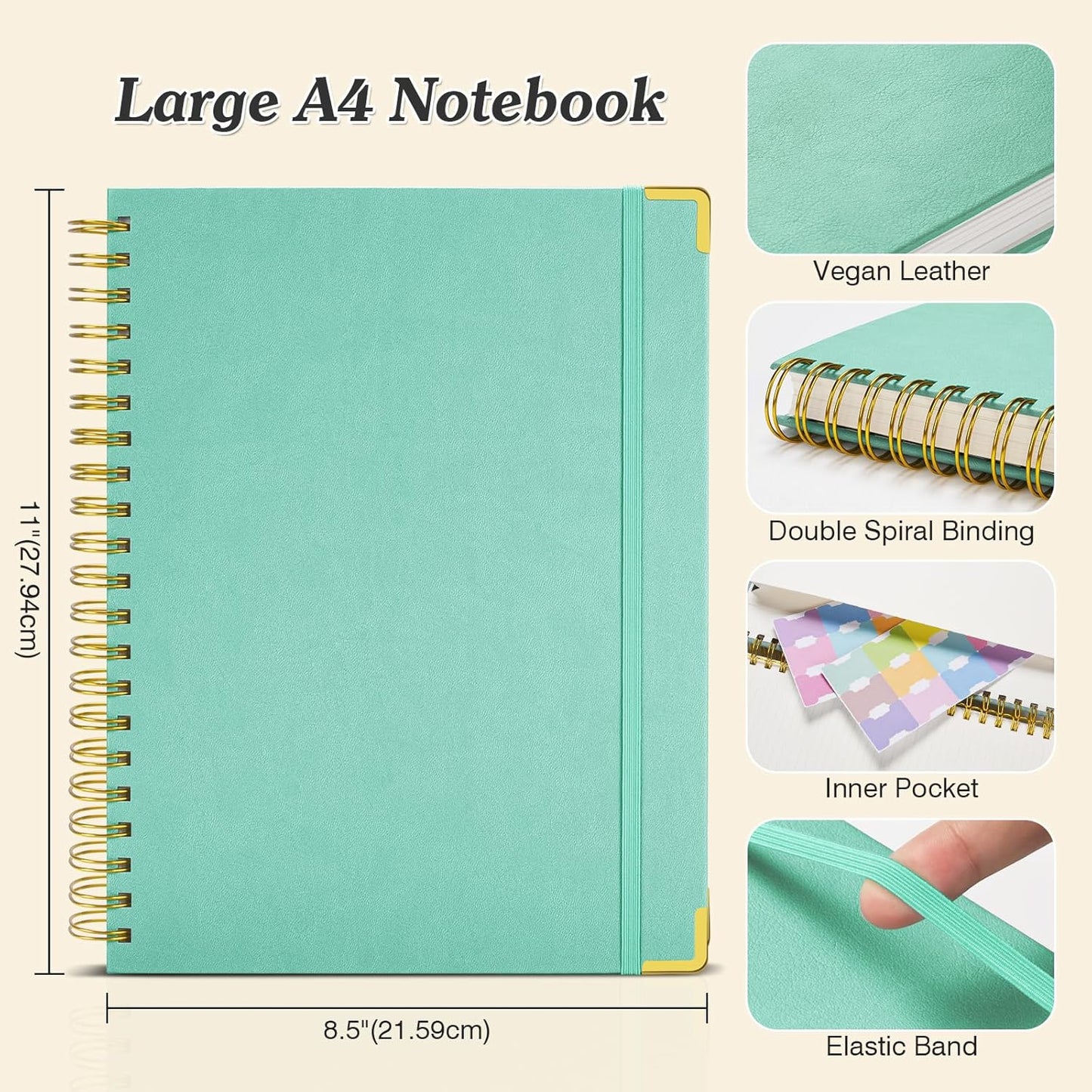 Spiral Notebook 8.5" x 11", 300 Numbered Pages Notebooks College Ruled with Contens, 100GSM Thick Journal for Women Men, Hardcover Leather Lined Journal for Writing, Large A4 Notebooks for Work School