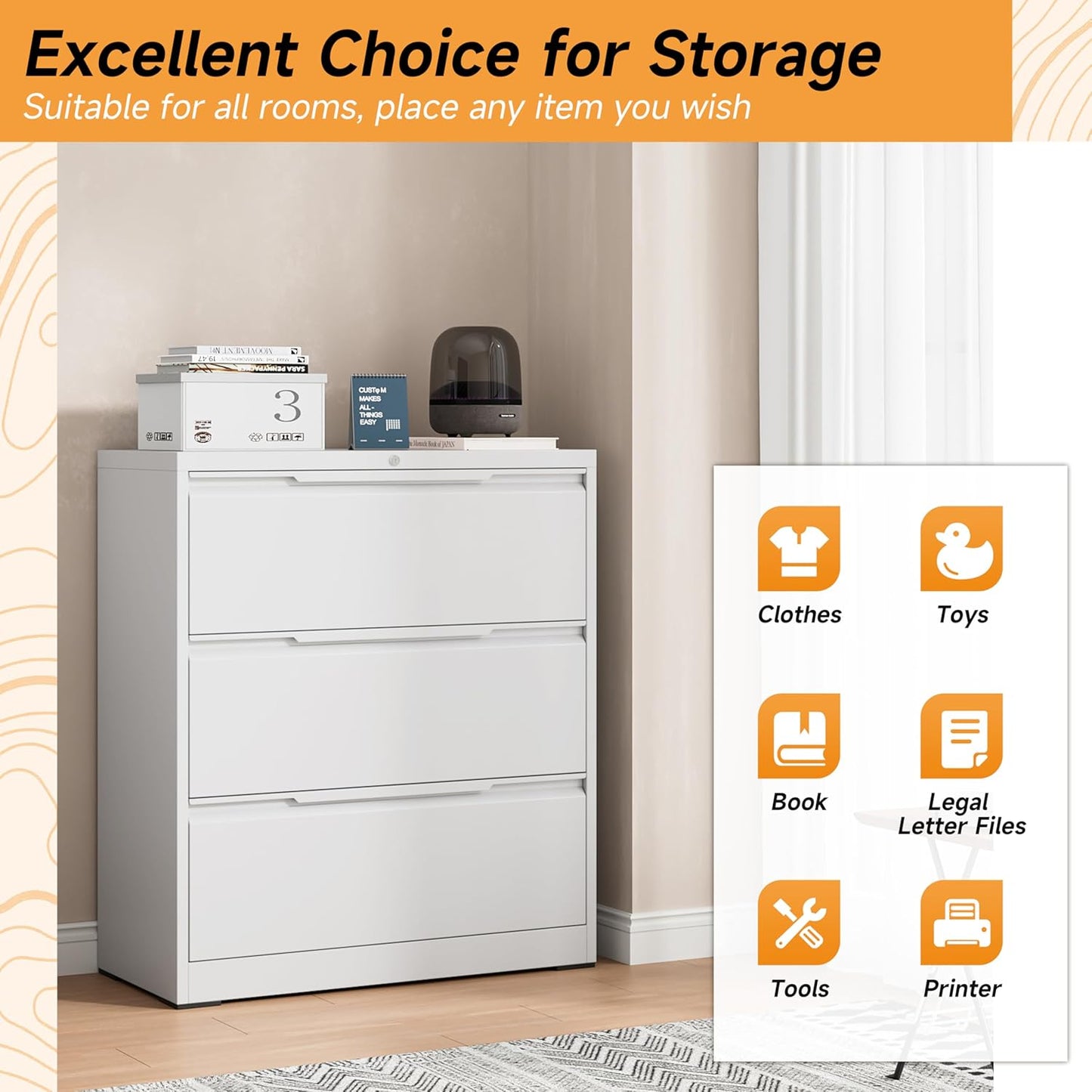 Bestoo Lateral File Cabinet with Lock, 3 Drawer Lateral Filing Cabinet for Office Home, Locking Metal Steel Wide for Hanging Files Letter/Legal/F4/A4 Size, Easy Assemble White