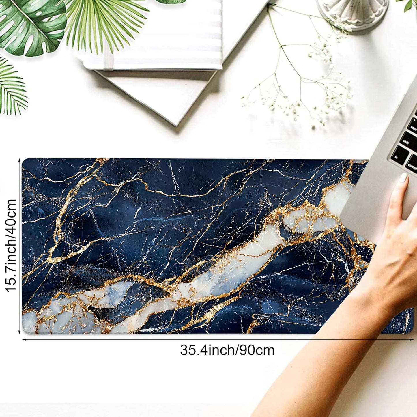 Desk Mat, Navy Blue and White Marble Texture Large Gaming Mouse Pad with Non-Slip Base Stitched Edges,Desk pad for Keyboard and Mouse Home Office 35.4"x15.7"