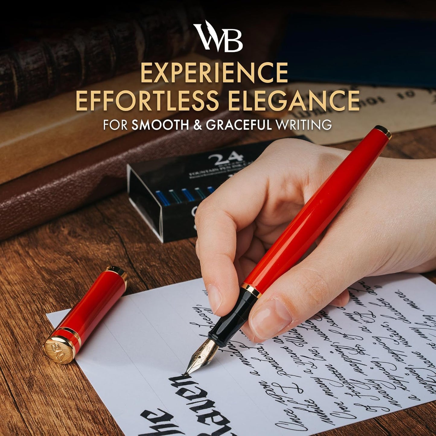 Wordsworth & Black Fountain Pen Set, Bent Nib, Includes 24 Pack Ink Cartridges, Ink Refill Converter & Gift Box, Calligraphy, [Crimson Red], Perfect for Men & Women