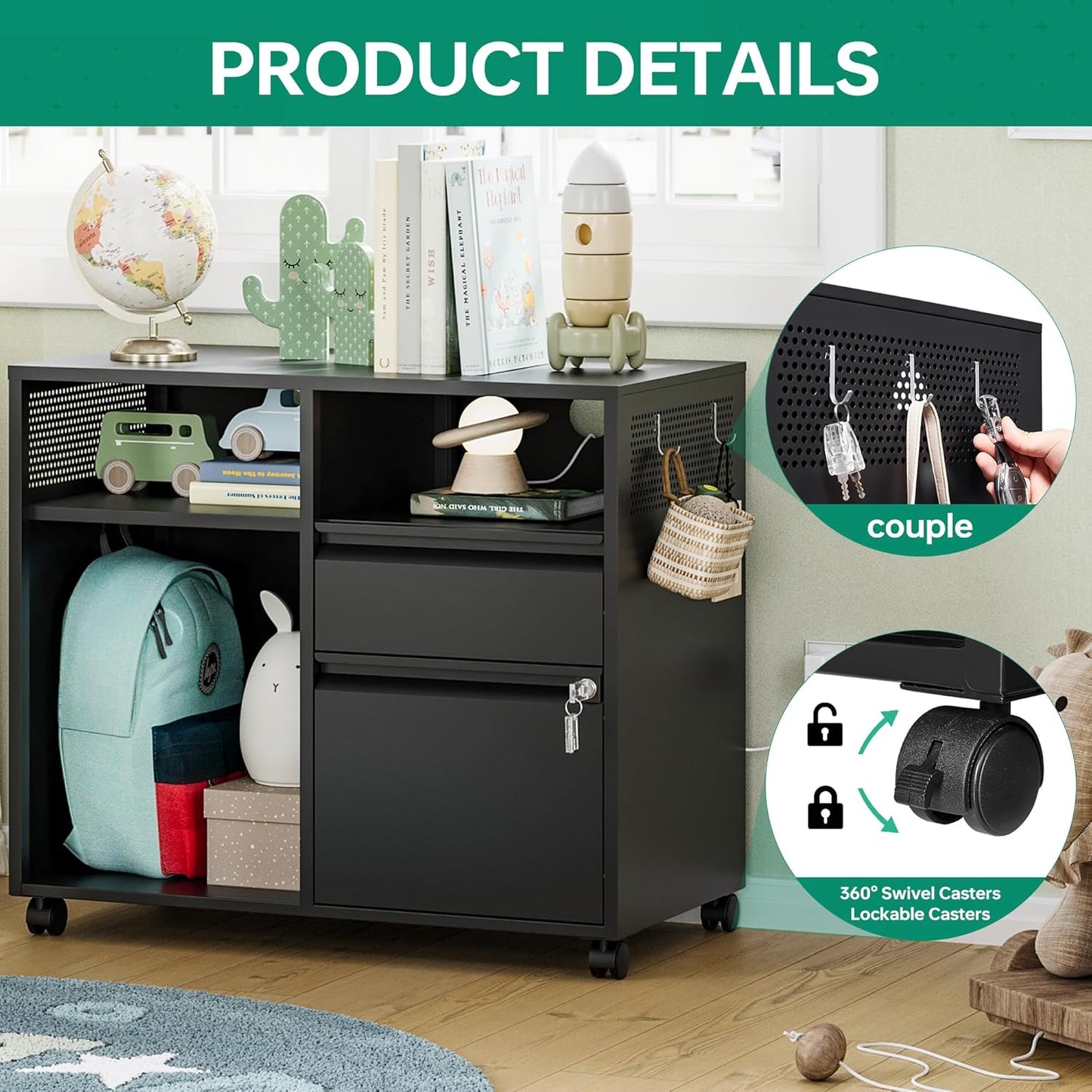 Letaya Mobile File Cabinet, Metal Lateral Rolling Printer Stand Filing Cabinets with Shelves for Home Office-Storage A4/F4/Letter (Black)