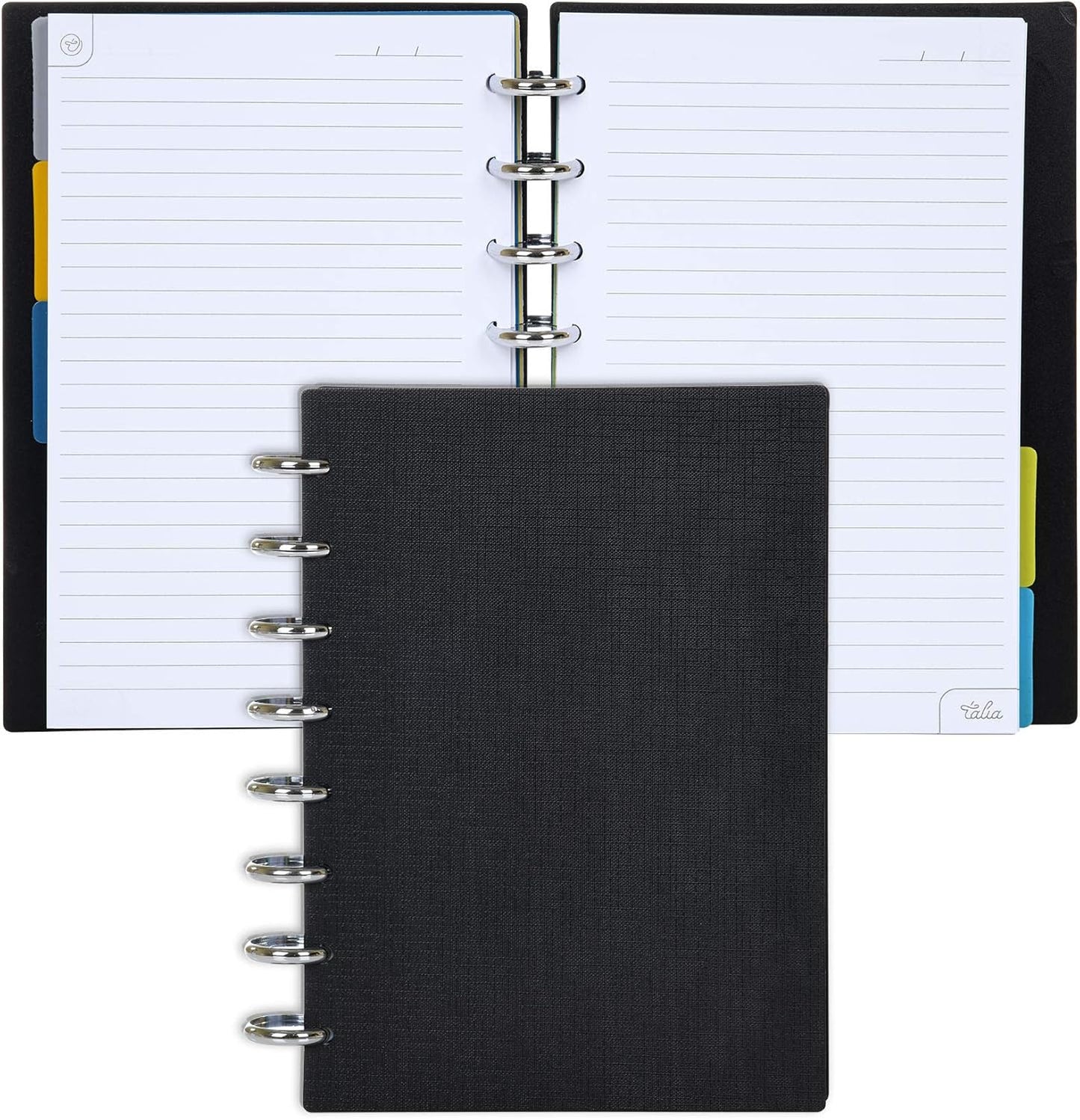 Talia Discbound Notebooks, Planner, Customizable, (yBlack w/Silver Discs, Junior (5.5in x 8.5in))