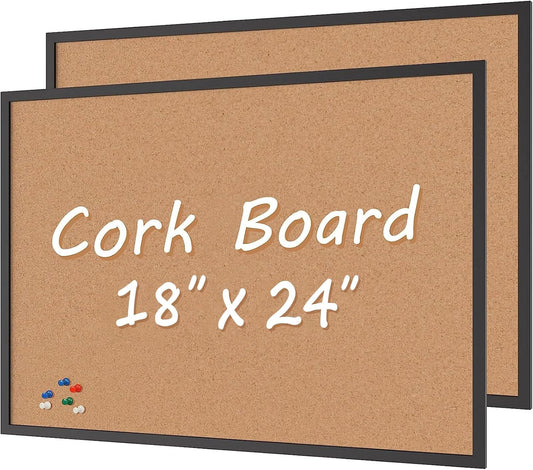 Board2by 2-Pack Cork Board Bulletin Board 18“ x 24”, Black Wood Framed Corkboard, Office Board for Wall Cork, Large Wall Mounted Notice Pin Board with 32 Push Pins for School, Home & Office