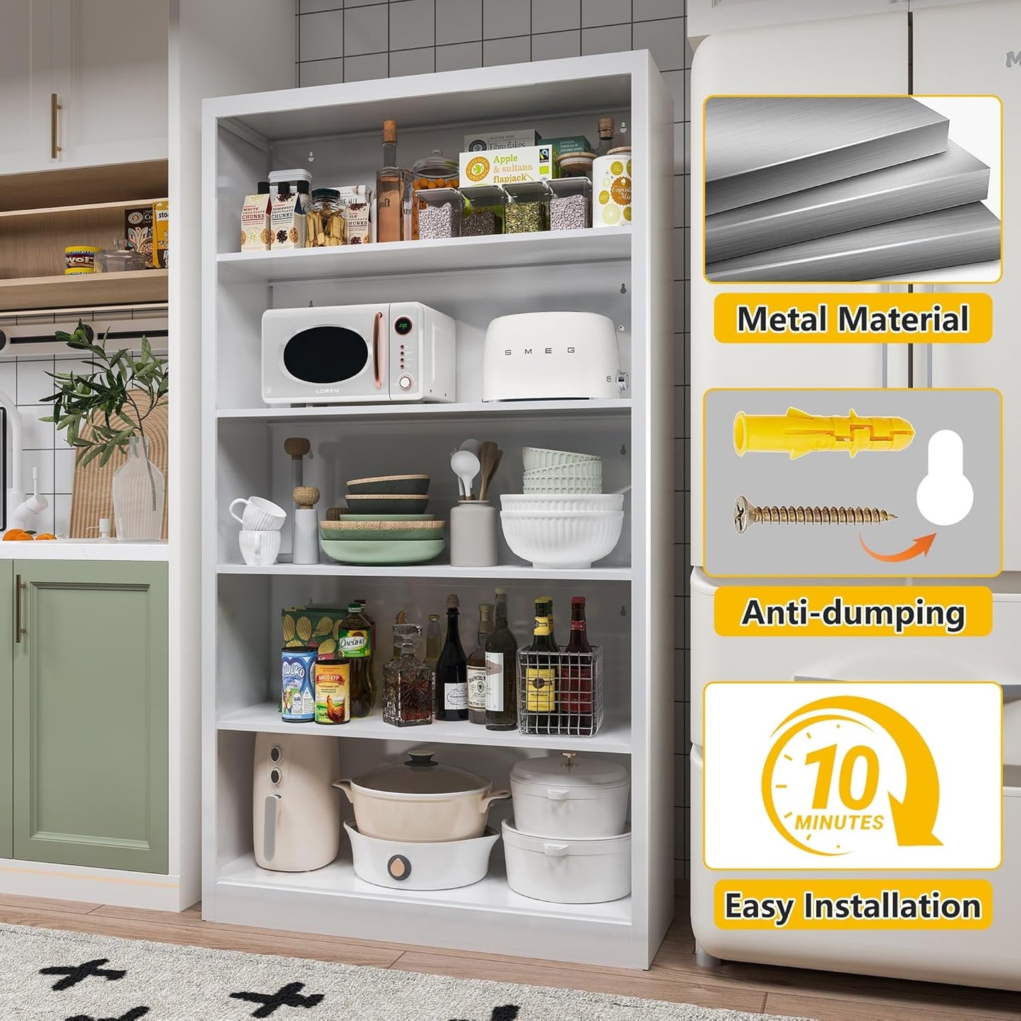 5 Tier Bookshelf, Metal White Book Shelf with Backboard, Adjustable 55" Tall Bookcase, Modern Book Shelves for Living Room, Office, Bedroom, School