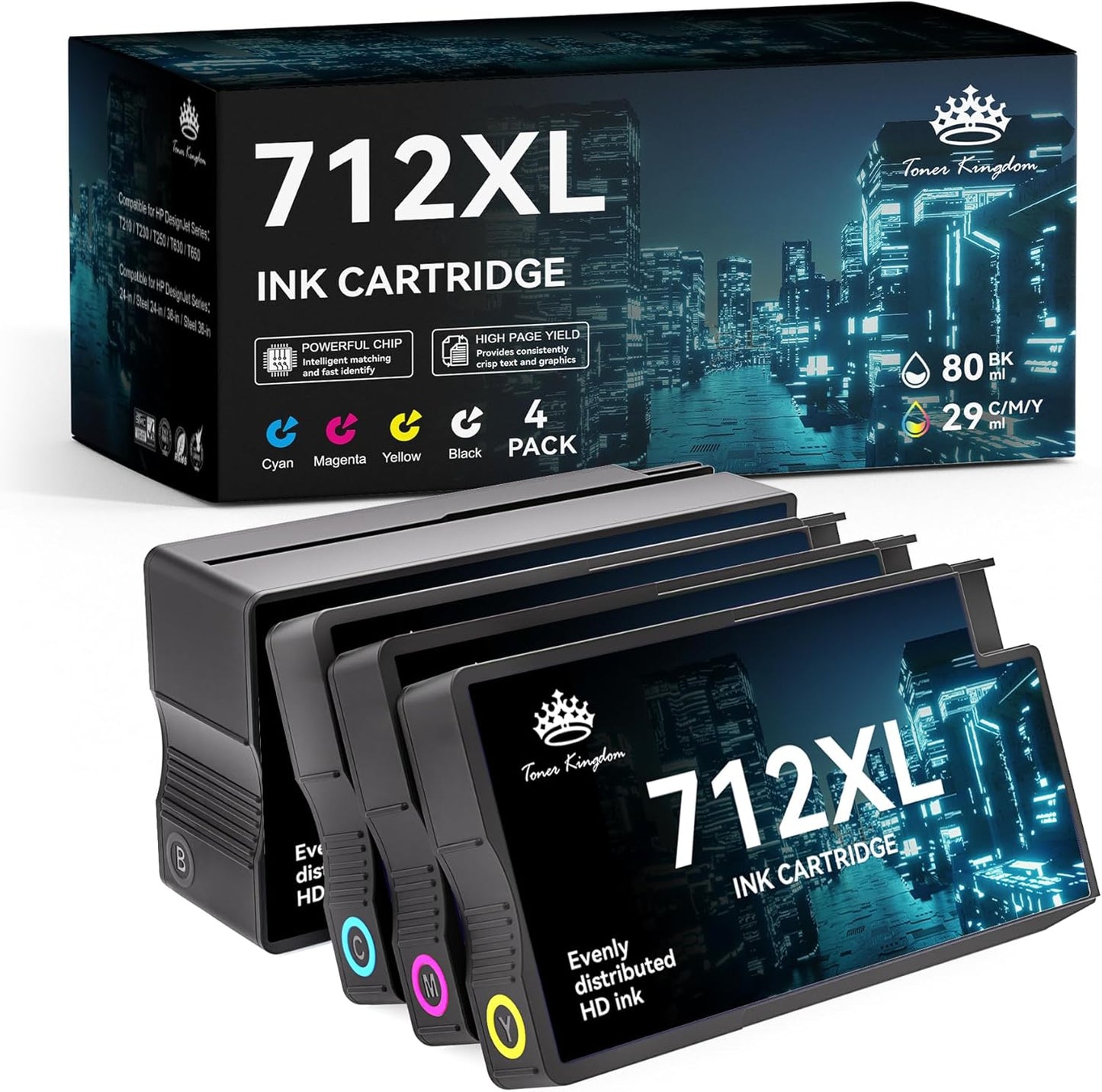 Toner Kingdom Remaunfactured for HP 712 Ink Cartridges Replacement for HP 712 712XL Works with HP DesignJet T210 T230 T630 T650 Studio Plotter Printers (4 Color Multipack: Black/Cyan/Magenta/Yellow)