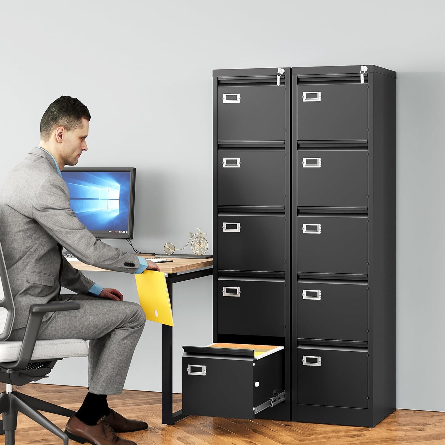 SISESOL 5 Drawer File Cabinet with Lock,15" Narrow Vertical File Cabinet Five drawer,Tall Office Filing Cabinets,Black Metal Filing Cabinets for Home Office,Fit A4,Legal,Letter Size,-Assembly Required