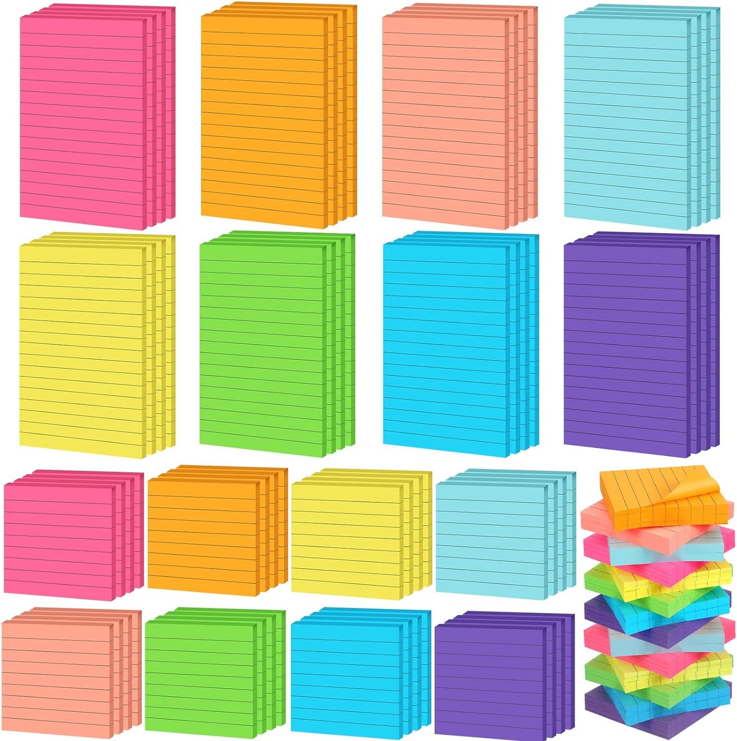 Yexiya 64 Pcs Lined Sticky Notes Self Stick Notes with Lines Bright Assorted Colors Sticky Pad for Home Office Products Post Memos, 1920 Sheets(4 x 6 Inch, 3 x 3 Inch,Vivid Color)
