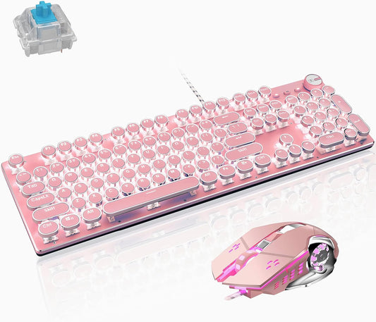 Basaltech Mechanical Gaming Keyboard and Mouse Combo, Retro Steampunk Vintage Typewriter-Style Keyboard with LED Backlit, 104-Key Anti-Ghosting Blue Switch Wired USB Metal Panel Round Keycaps, Pink