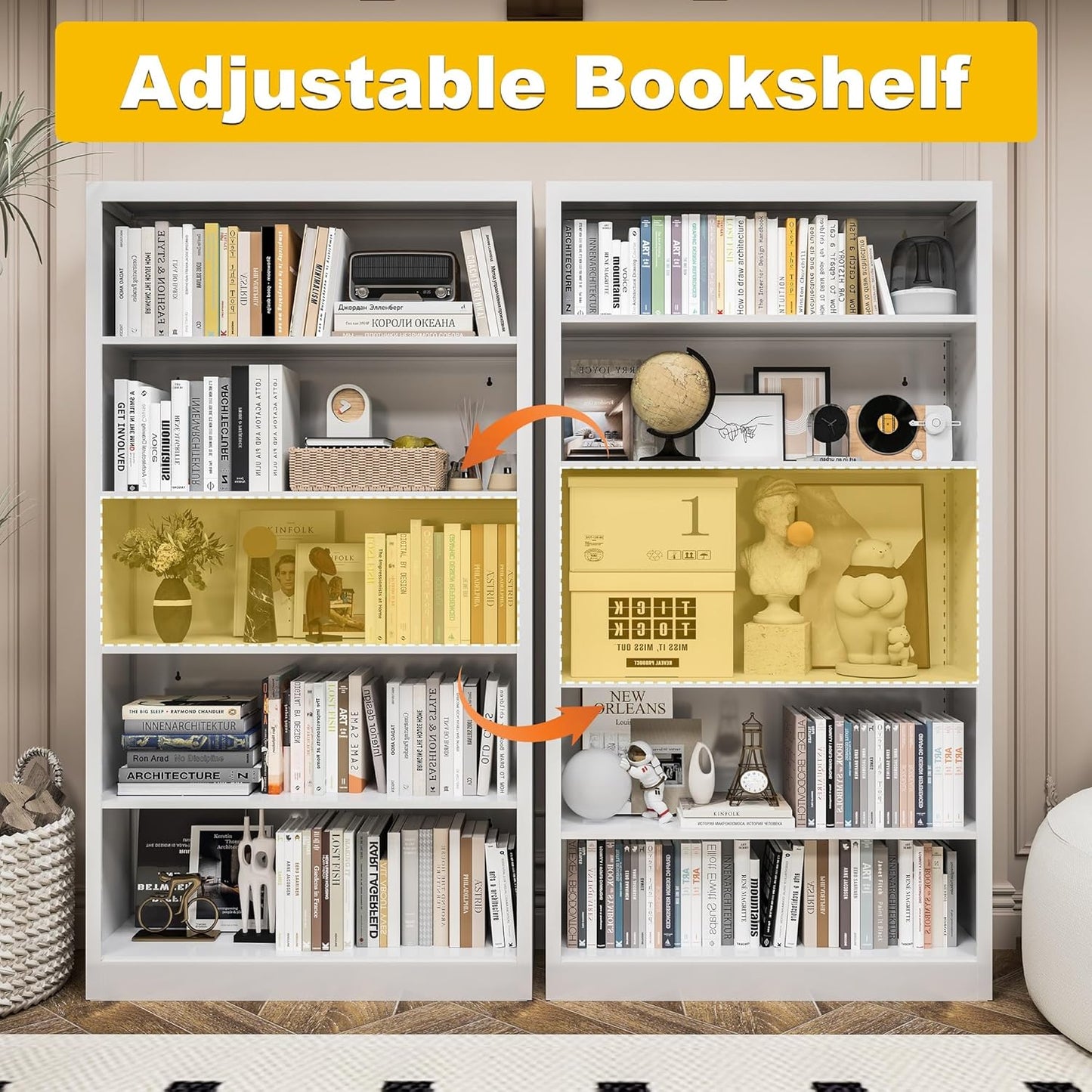 5 Tier Bookshelf, Metal White Book Shelf with Backboard, Adjustable 55" Tall Bookcase, Modern Book Shelves for Living Room, Office, Bedroom, School