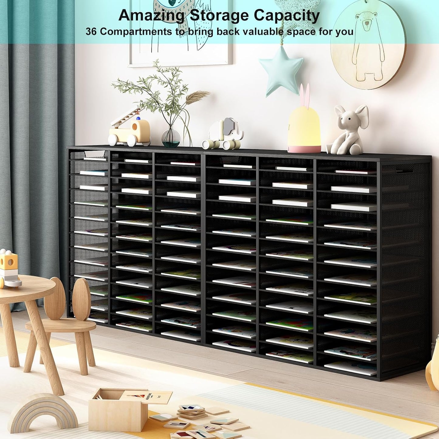 Mail Sorter Adjustable Countertop Mail Holder, Heavy Duty Literature Organizer, Student Mailbox for Classroom, Desktop Bill Paper Organizer for Office Home School, 36 Compartments, Black