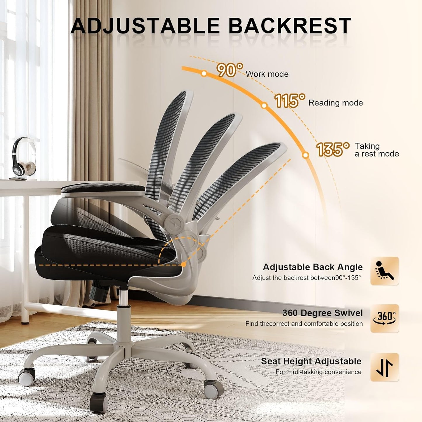 Office Chair, Ergonomic Desk Chairs 330LBS Capacity High Back Mesh Computer Chair with Flip-up Armrests, Comfy Work Chair with Adjustable Lumbar Support, Rolling Chair